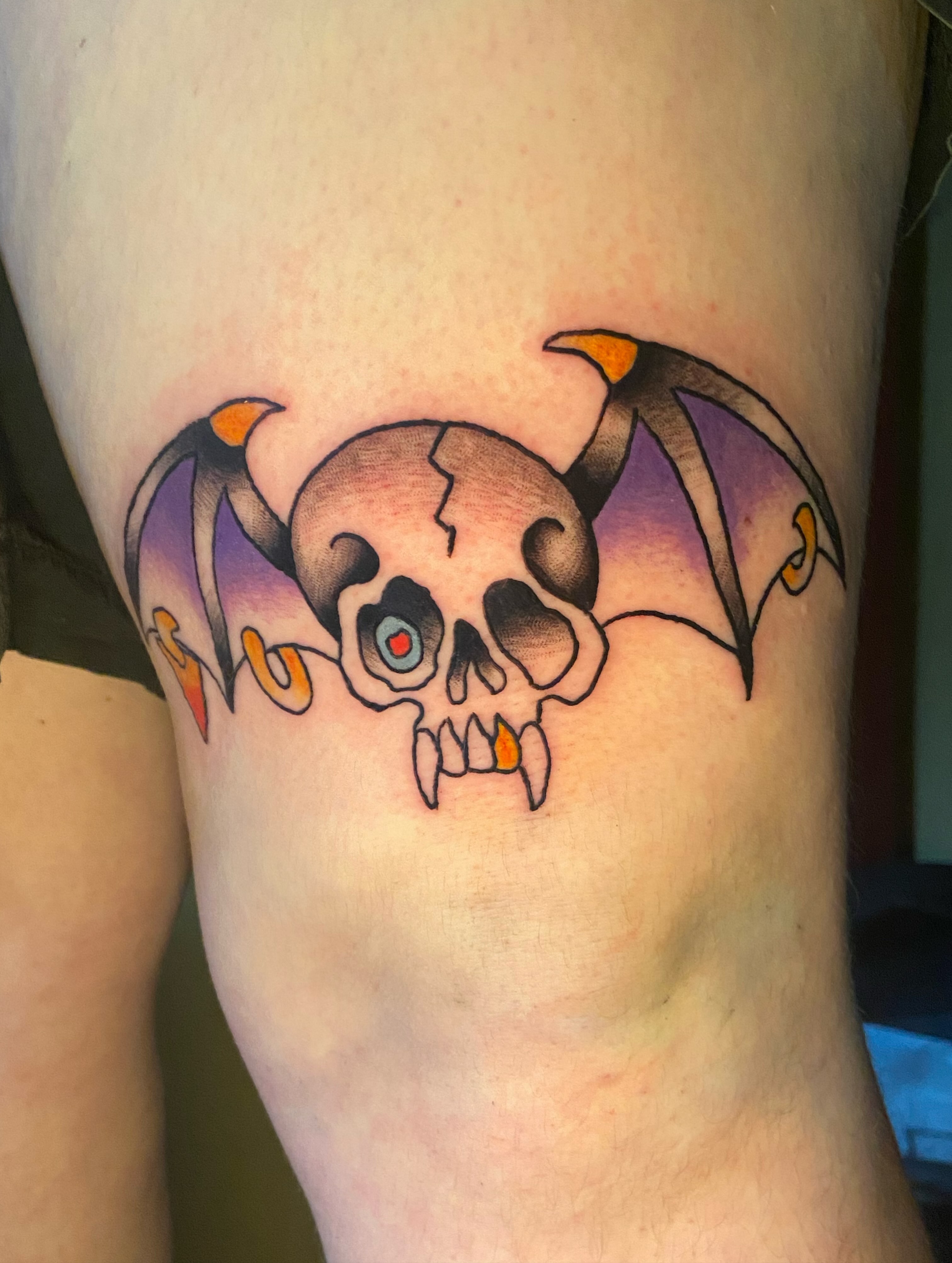 Bat skull American traditional tattoo on the thigh by 🐆Cam Feral Tattoos