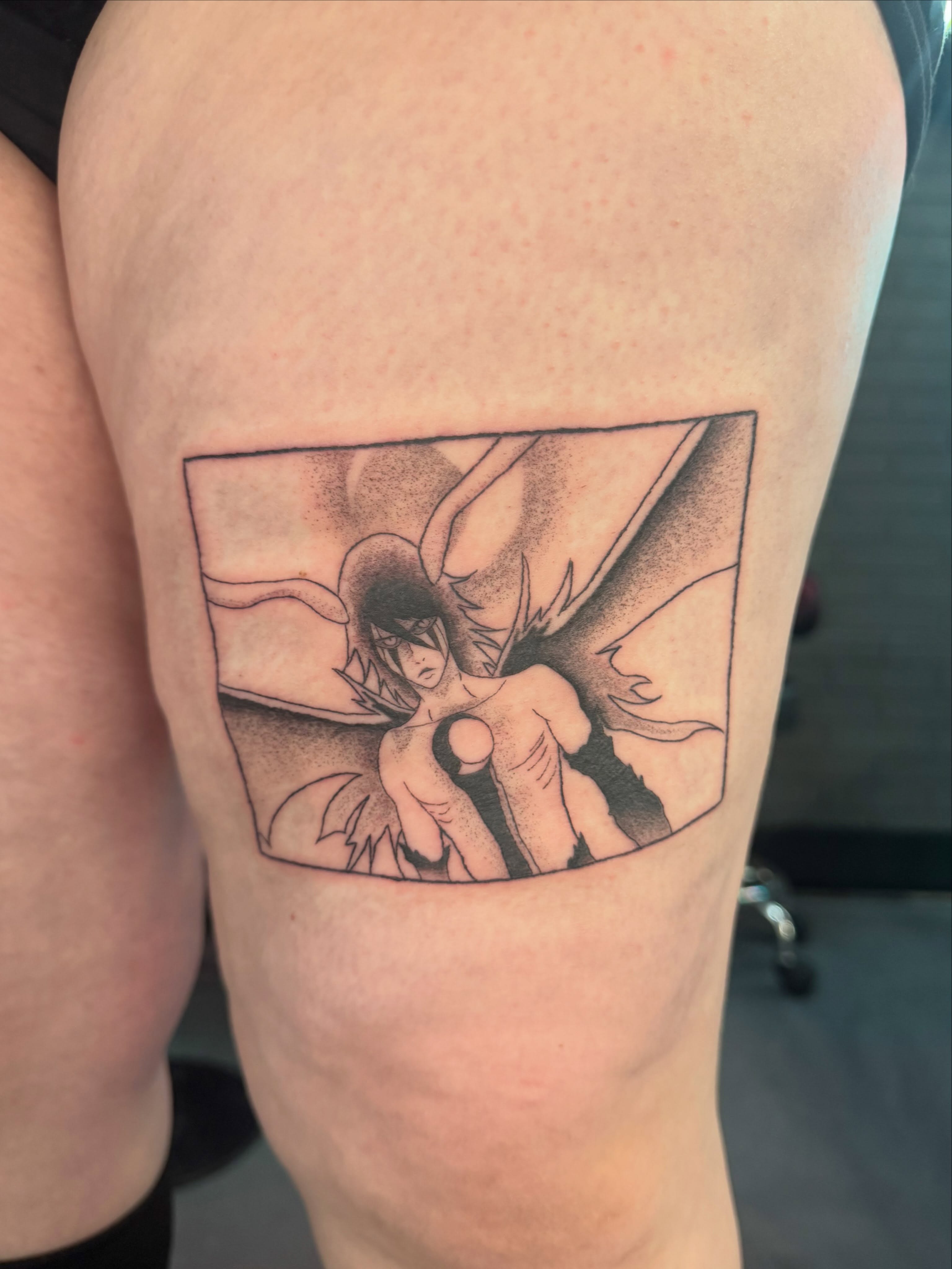 Anime character dotwork tattoo on the thigh by Bunny 🐰