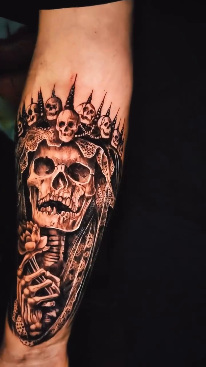 Skeleton with crown and rose dark realism tattoo by Pod Viñes