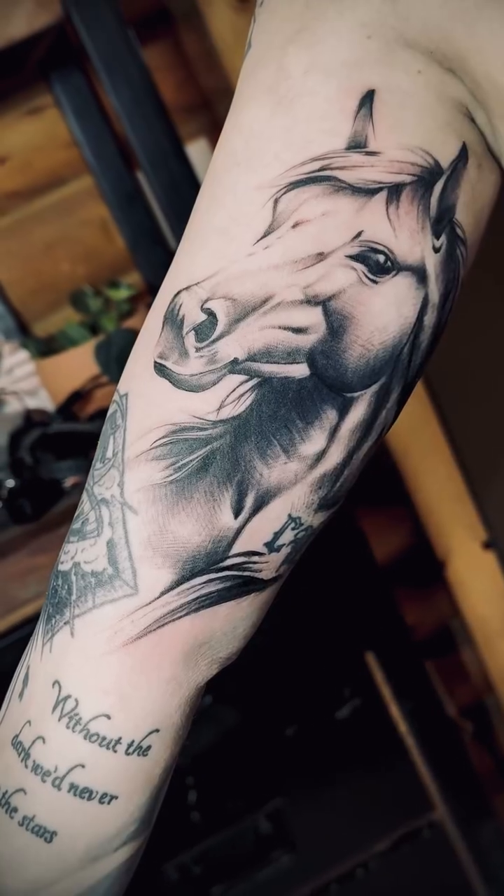 Horse head with script realism tattoo by Matthew Crawley