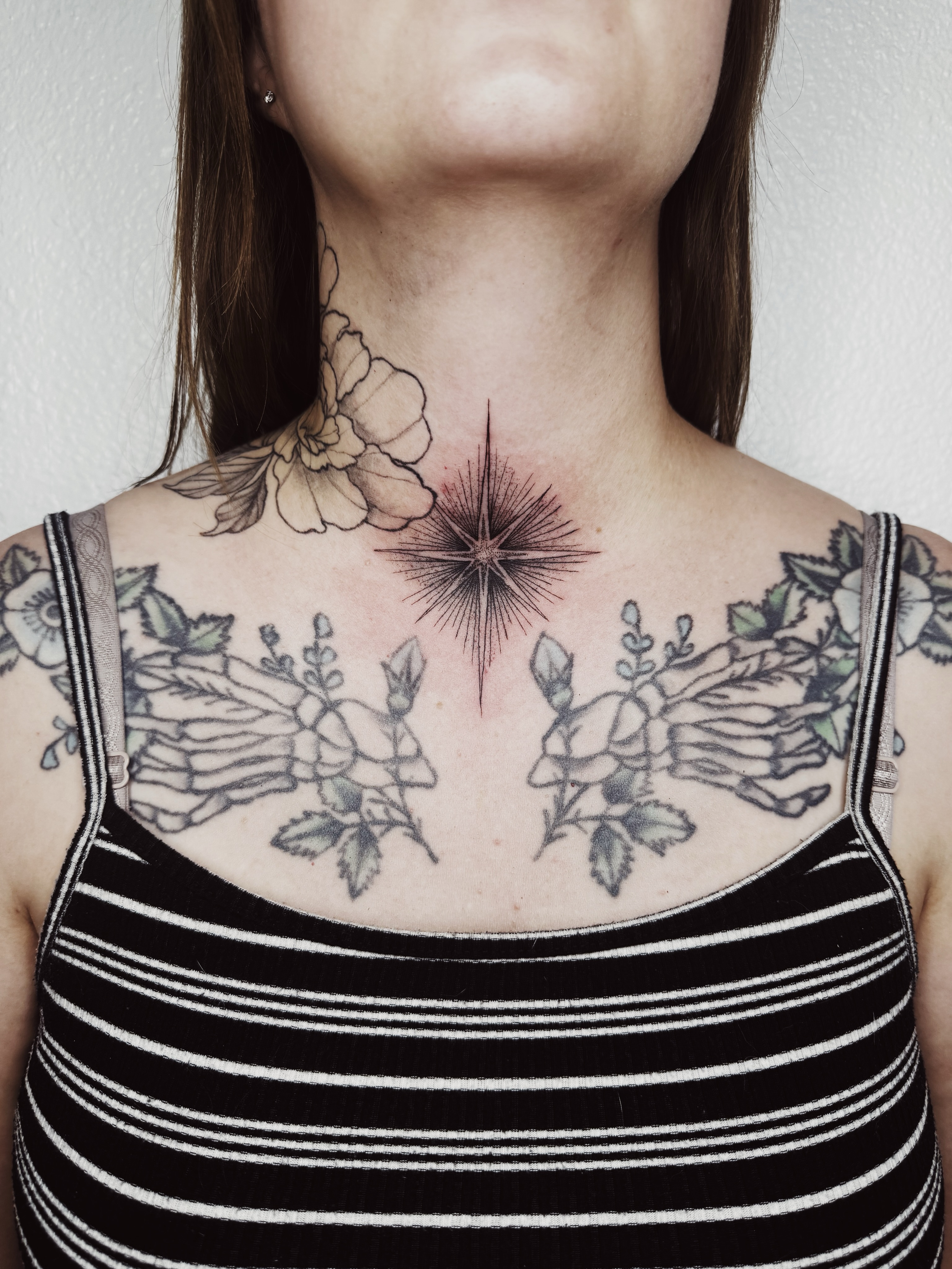 Floral arrangement black and grey tattoo on the neck by πΉπ°π½πππ΄π½ πΆπ»π΄π½π½, North Logan, Utah
