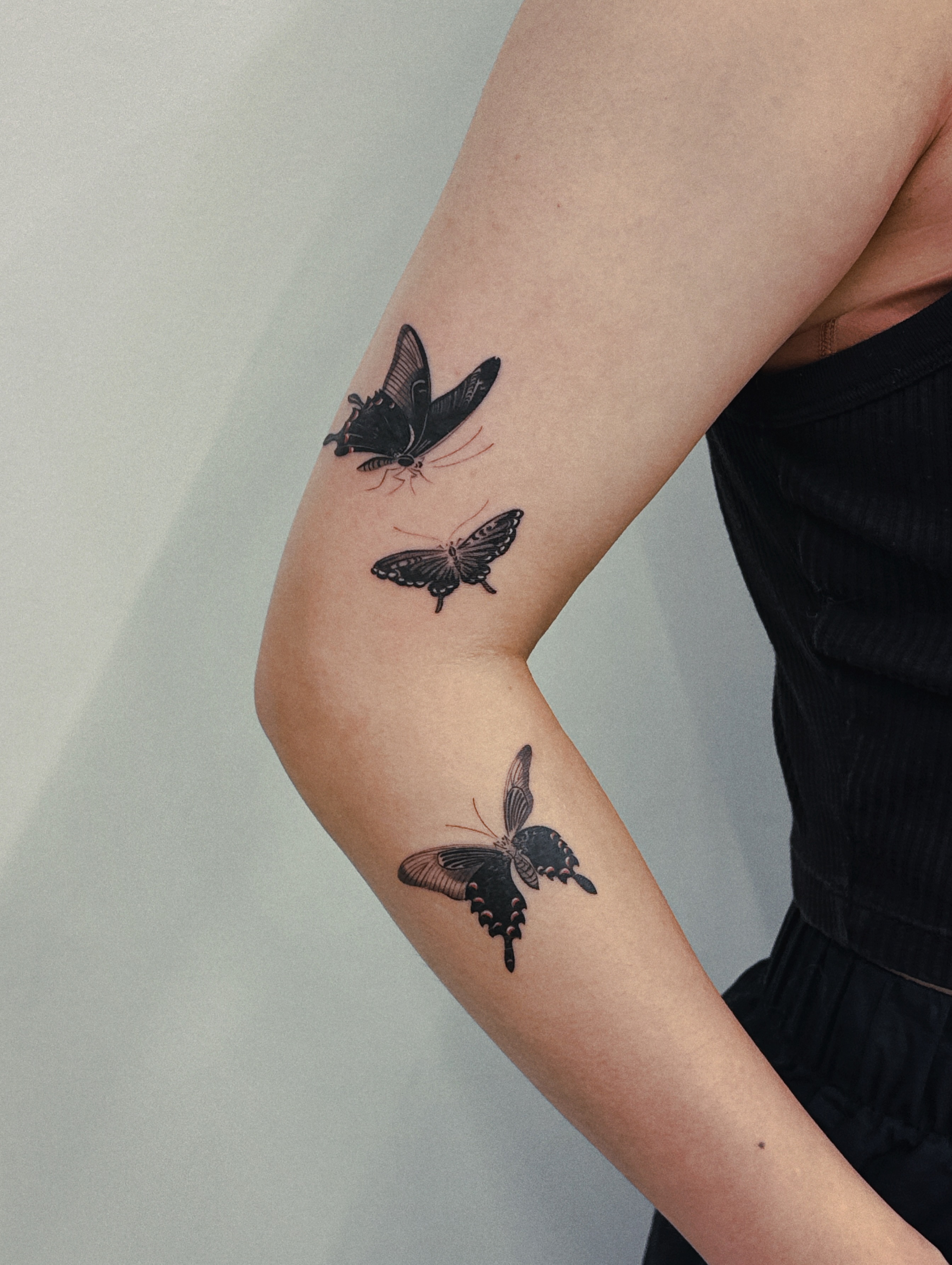 Butterflies black and grey tattoo on the forearm by 비단, New York, New York