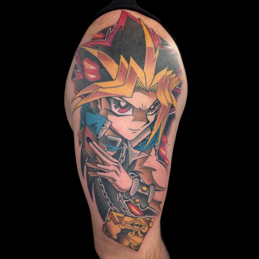 Yugioh character anime tattoo on the forearm by Victor Campos