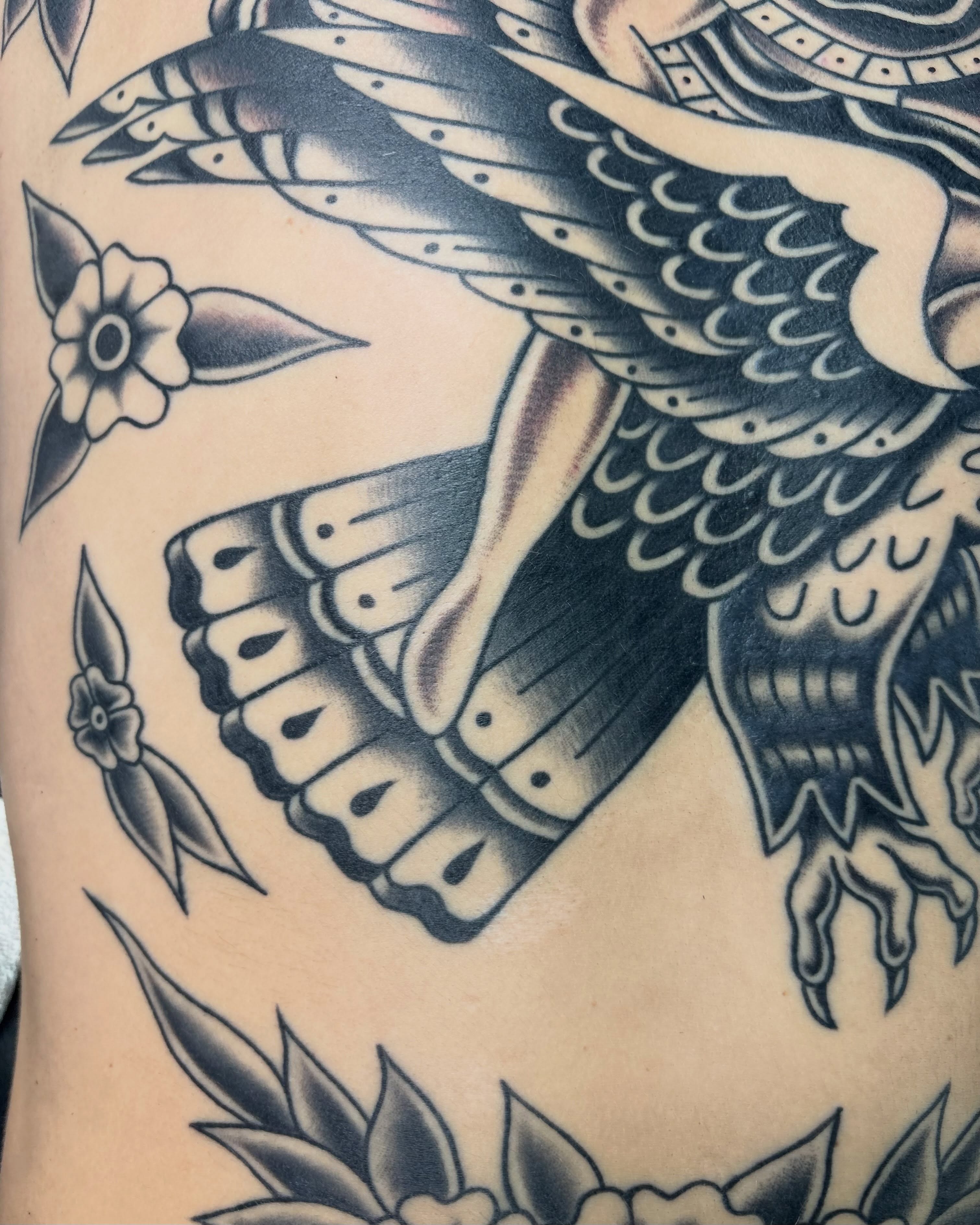 Bird and flowers American traditional tattoo on the torso by ✨Shelby ✨