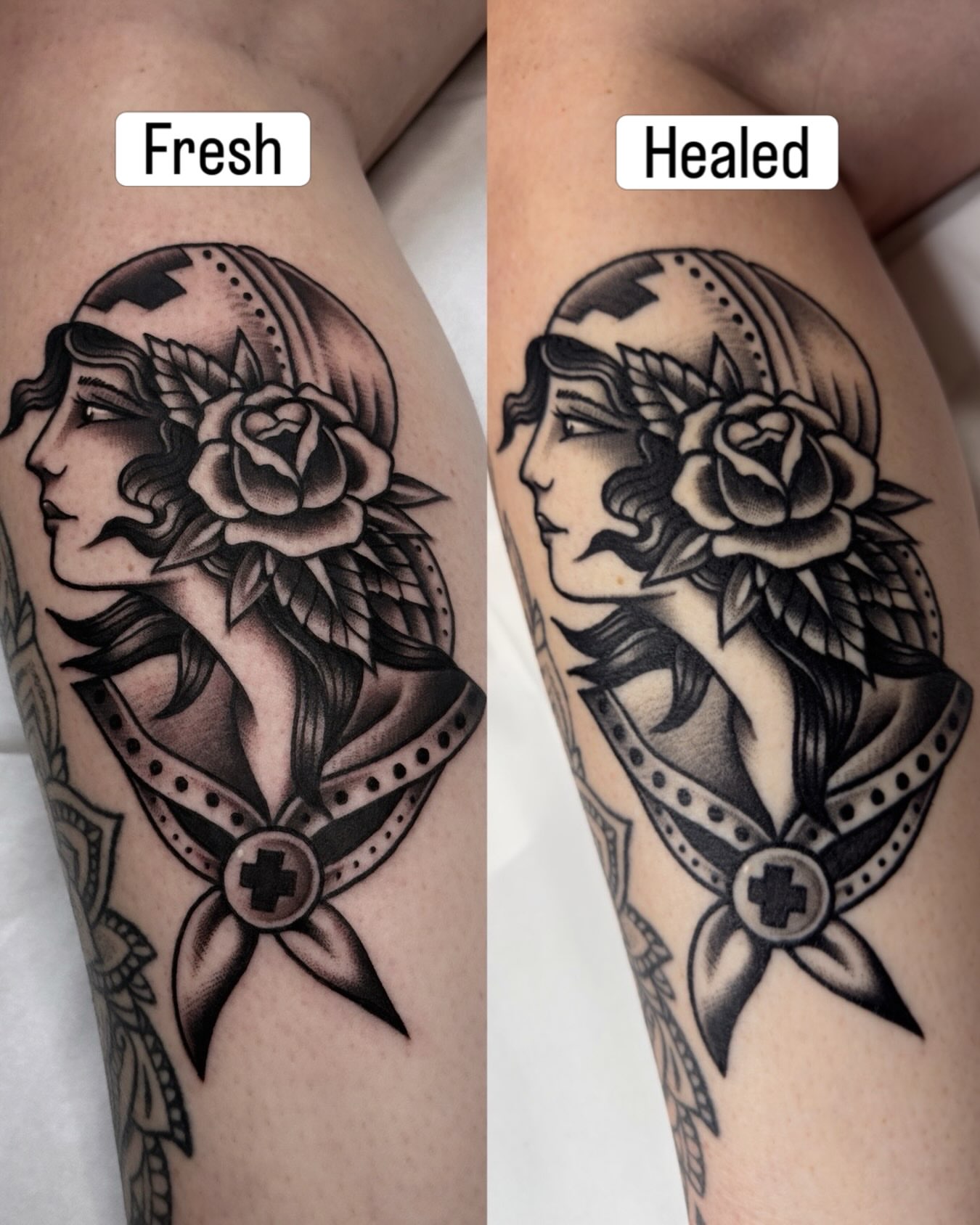 Woman with rose American traditional tattoo on the forearm by Trav, Bayville, New Jersey