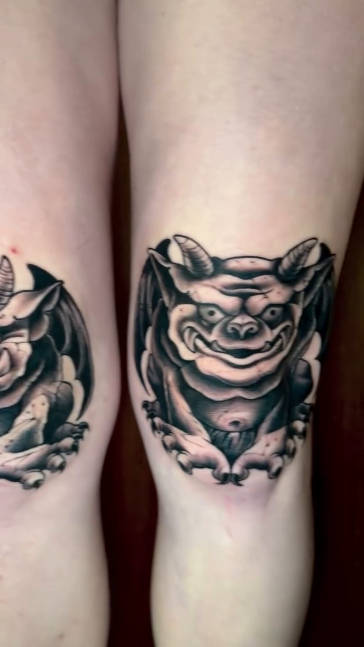 Gargoyle faces dark realism tattoo by JoshUA Bowers, Des Moines, Iowa