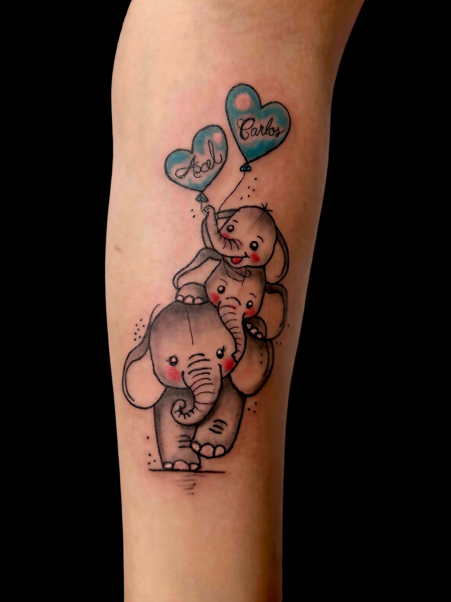 Elephants with balloons dotwork tattoo on the forearm by Junior Sanchez Dfw