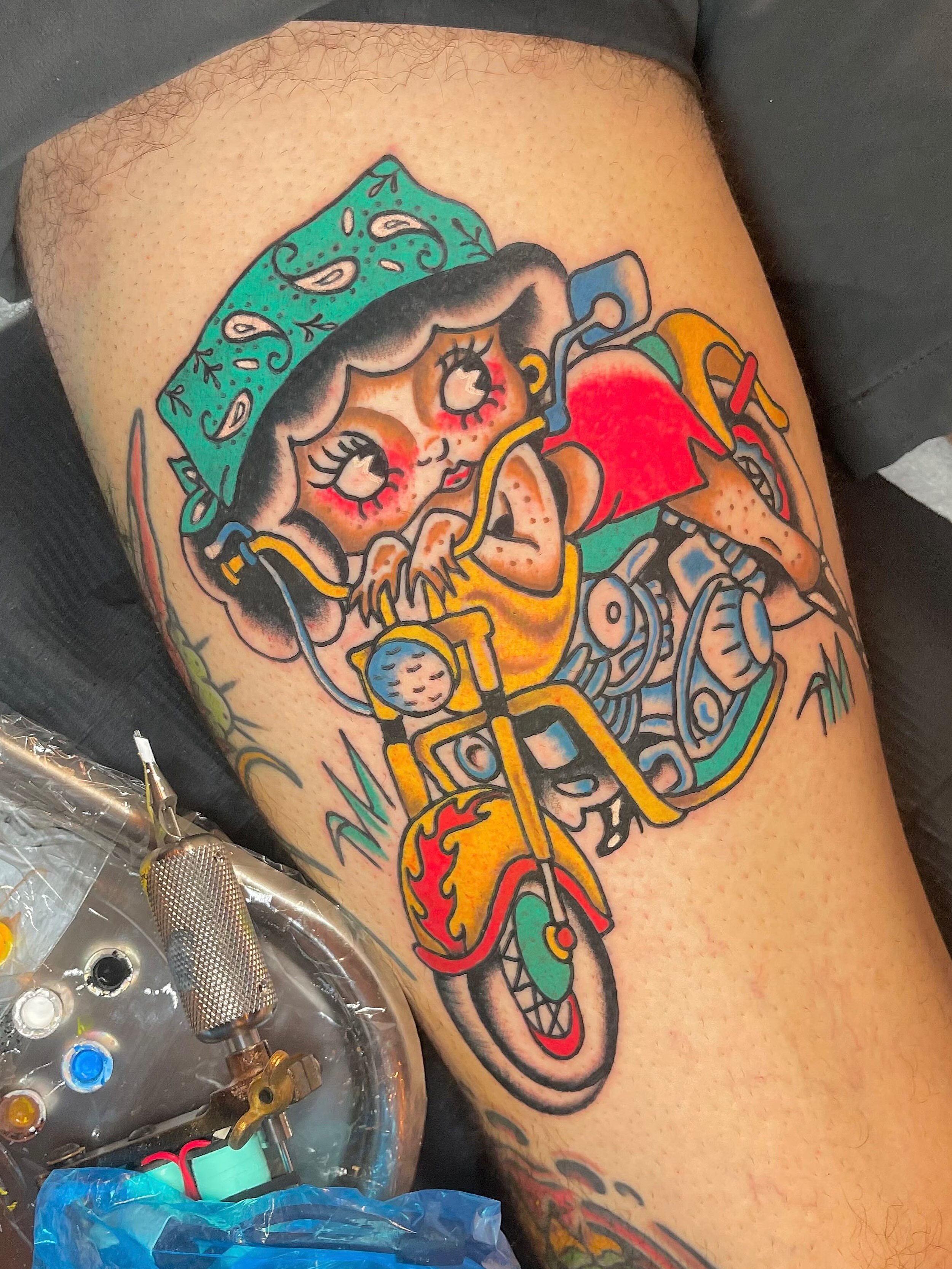 Motorcycle rider American traditional tattoo on the thigh by Tattoos Philly {by Twiggy} ✨