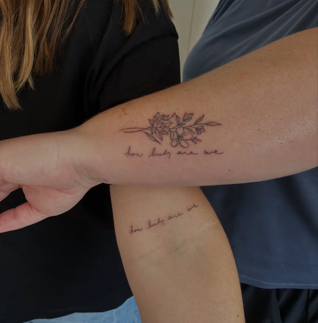 How lucky are we fine line tattoo on the forearm by Lexie Decker, Canton, Ohio