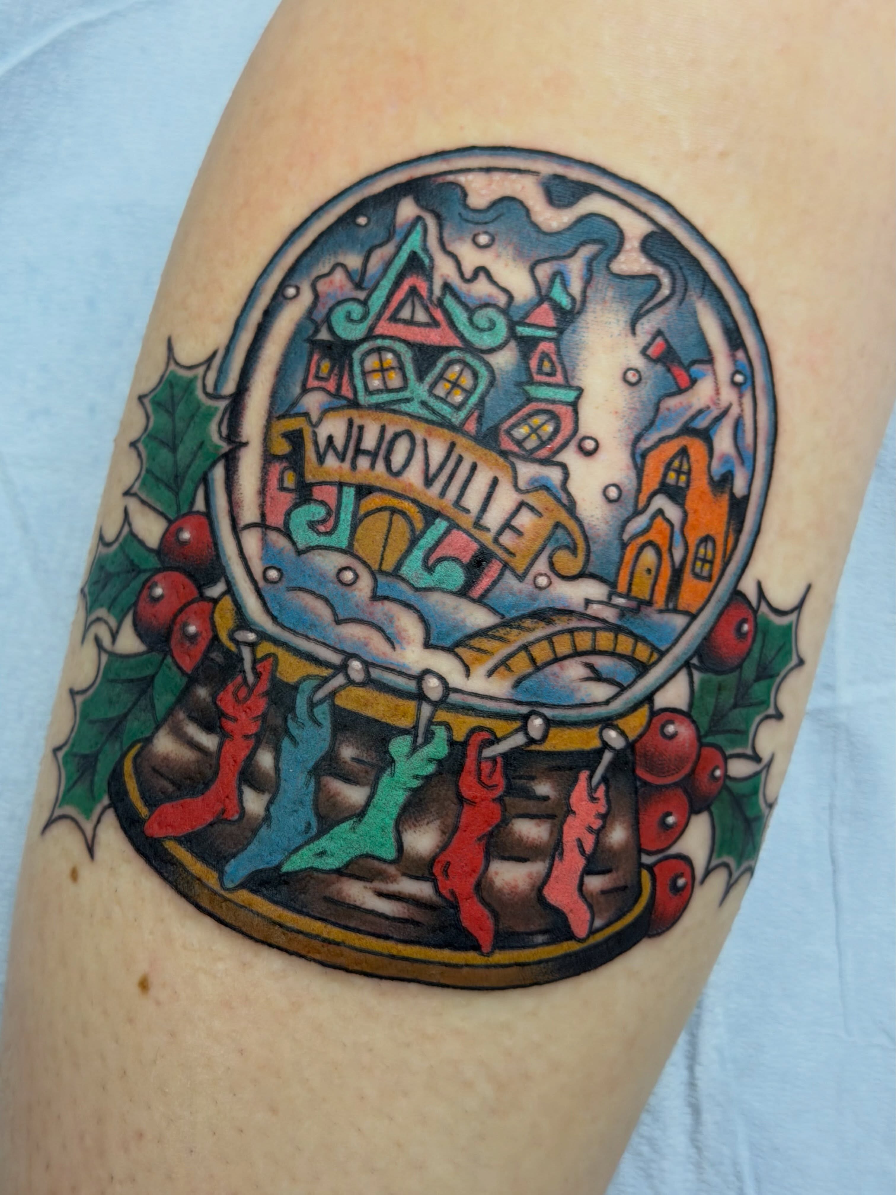 Whoville American traditional tattoo on the thigh by Gerald Bellmore