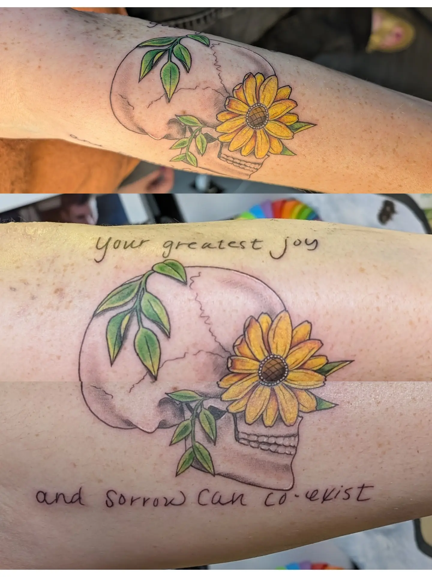 Sunflower and skull realism tattoo on the forearm by Hannah Hayes, Livonia, Michigan