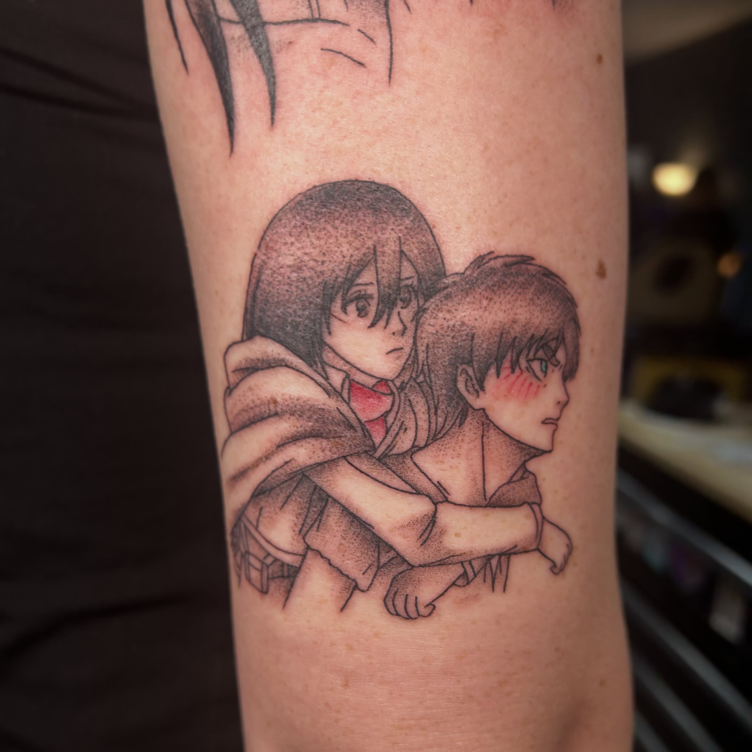 Tattoo by @princess.hannie.tattoos — dotwork, anime