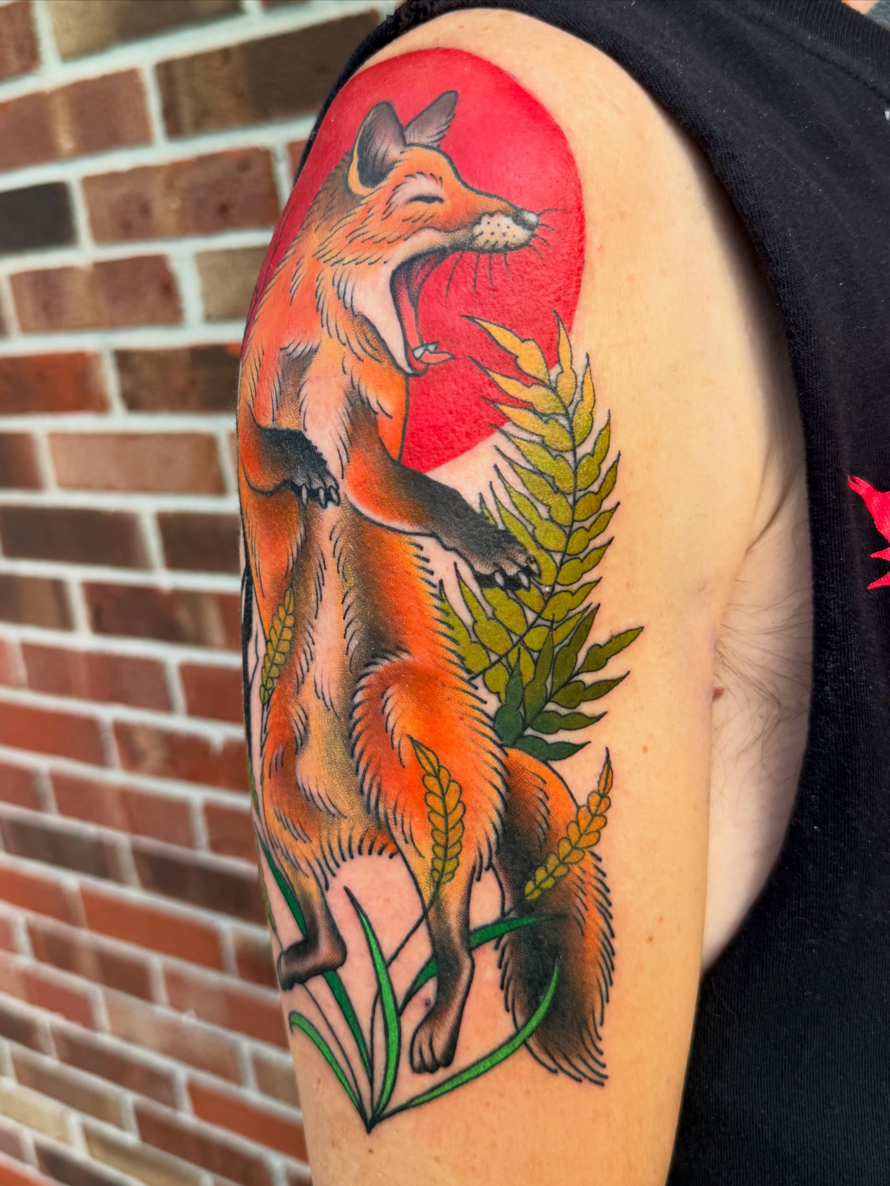 Fox realism tattoo on the upper arm by 🍄Annie Burkhard🍄, Indianapolis, Indiana