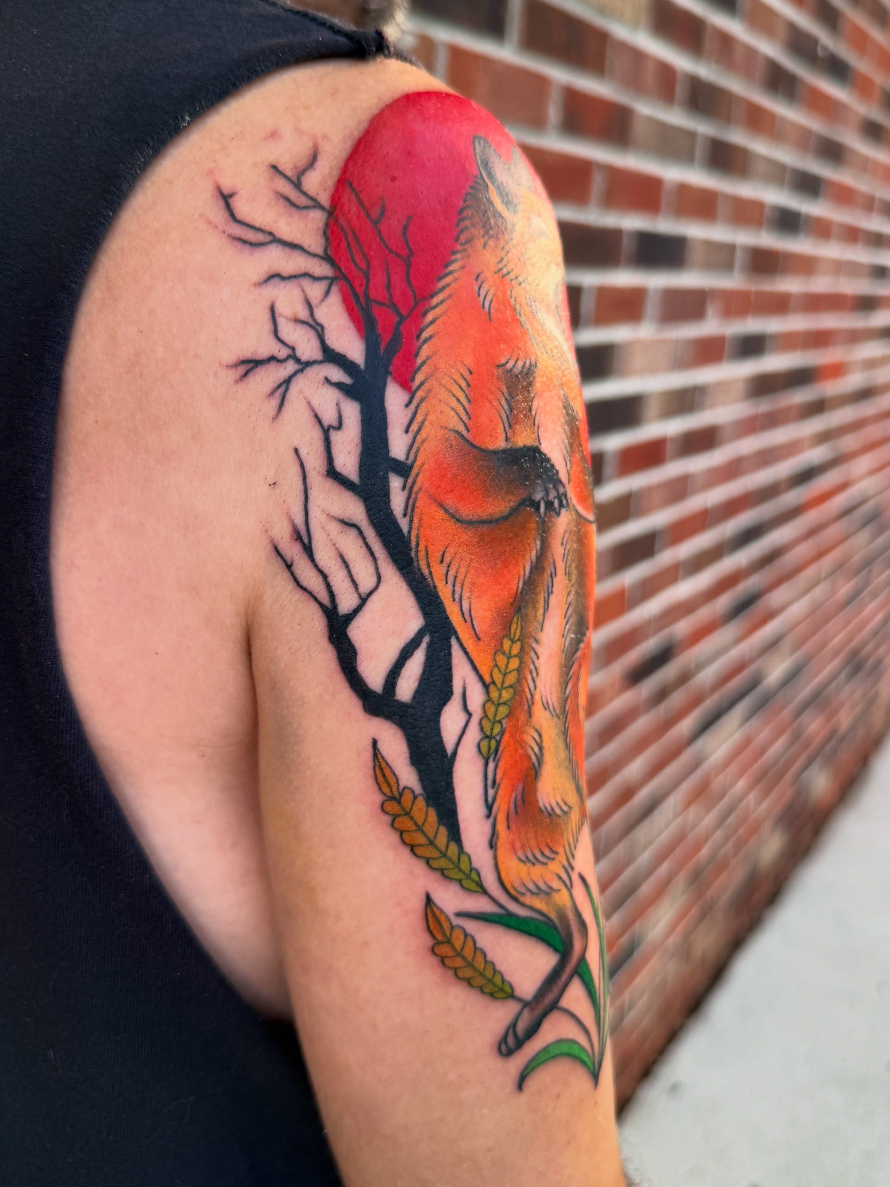 Fox and wheat American traditional tattoo on the upper arm by 🍄Annie Burkhard🍄, Indianapolis, Indiana