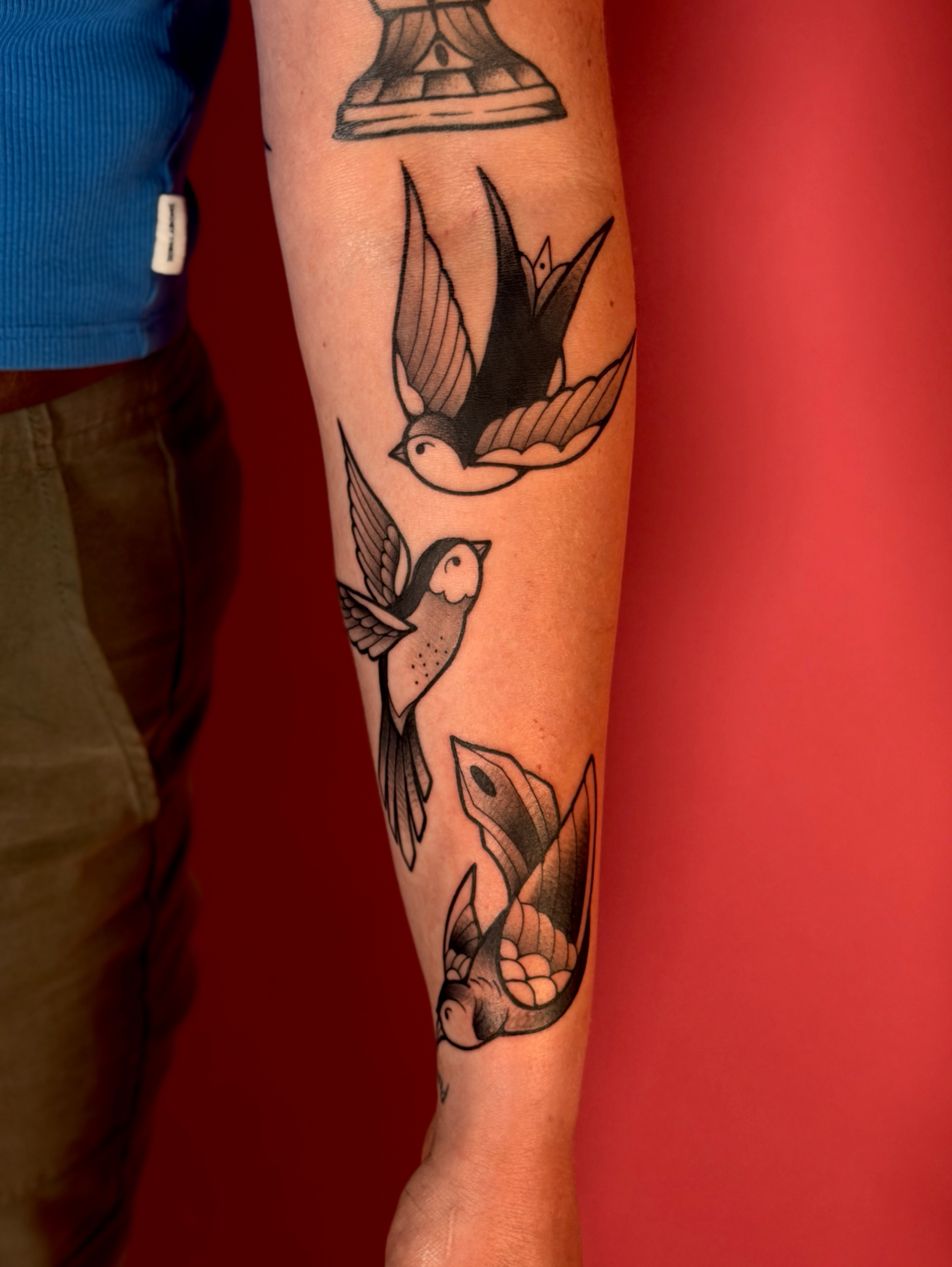 Swallows American traditional tattoo on the forearm by Kail