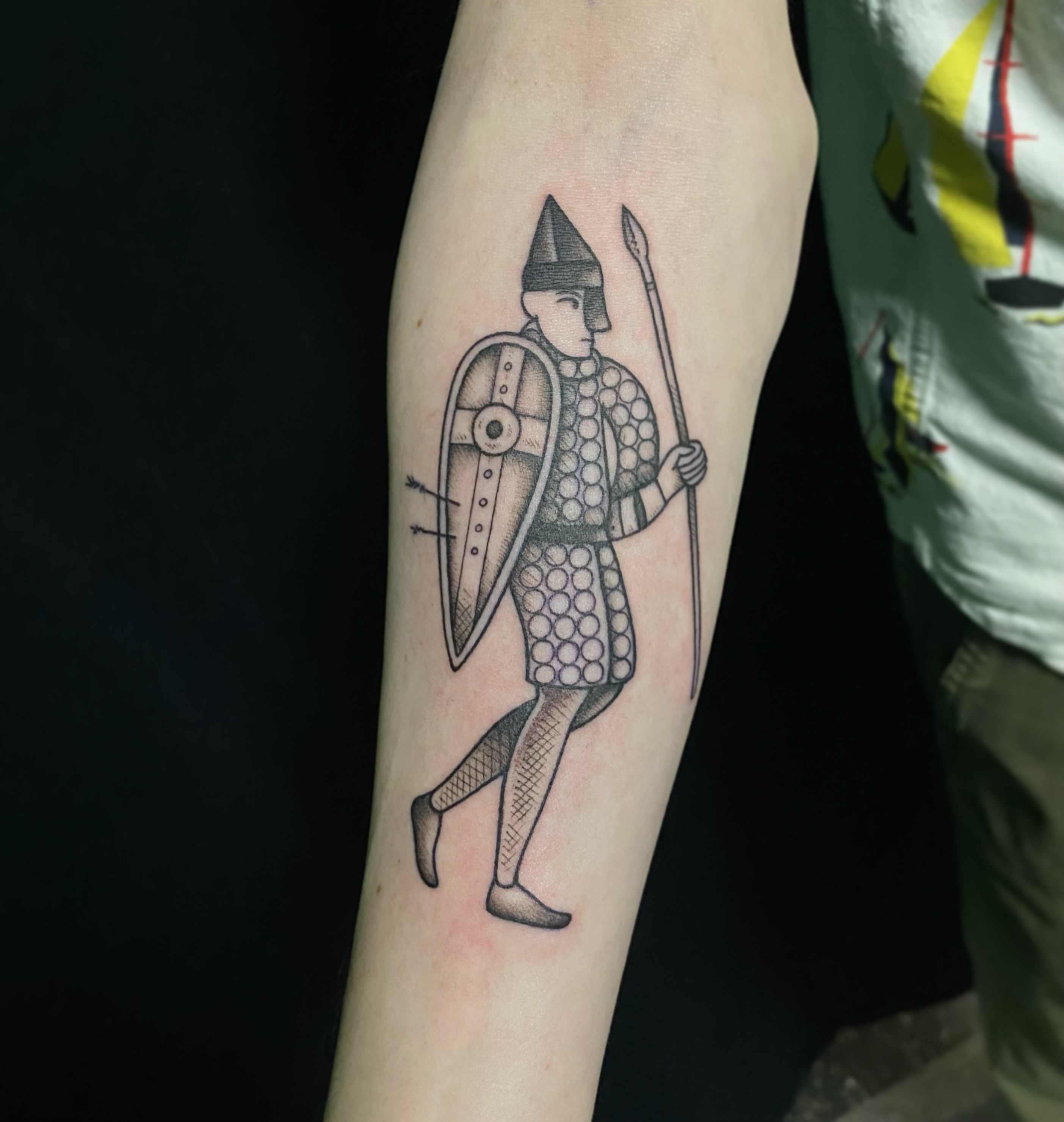 Medieval warrior black and grey tattoo on the forearm by 𝙅𝙤𝙧𝙙𝙖𝙣 𝙏𝙝𝙞𝙗𝙚𝙙𝙚𝙖𝙪