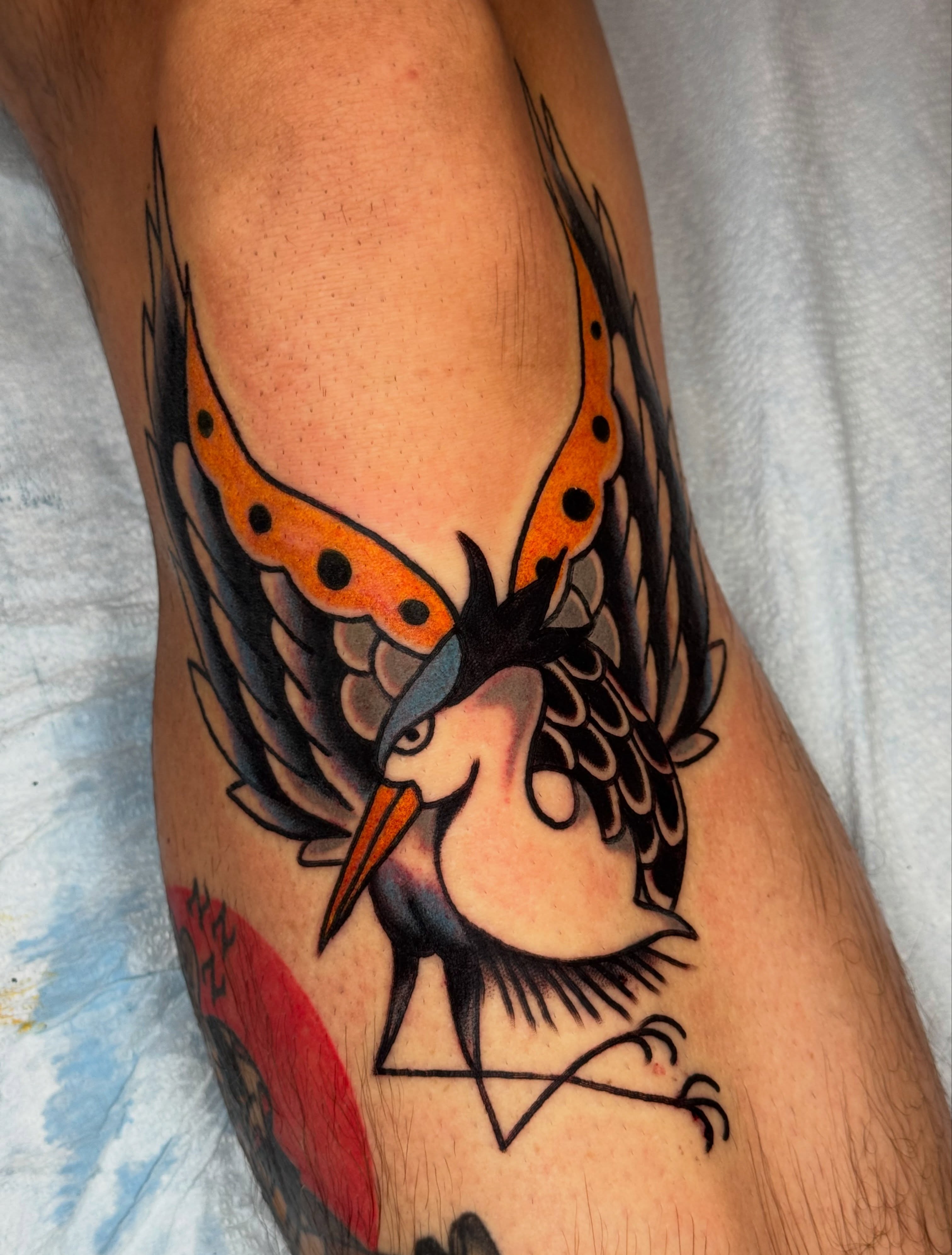 Heron American traditional tattoo on the forearm by JoJo Benton