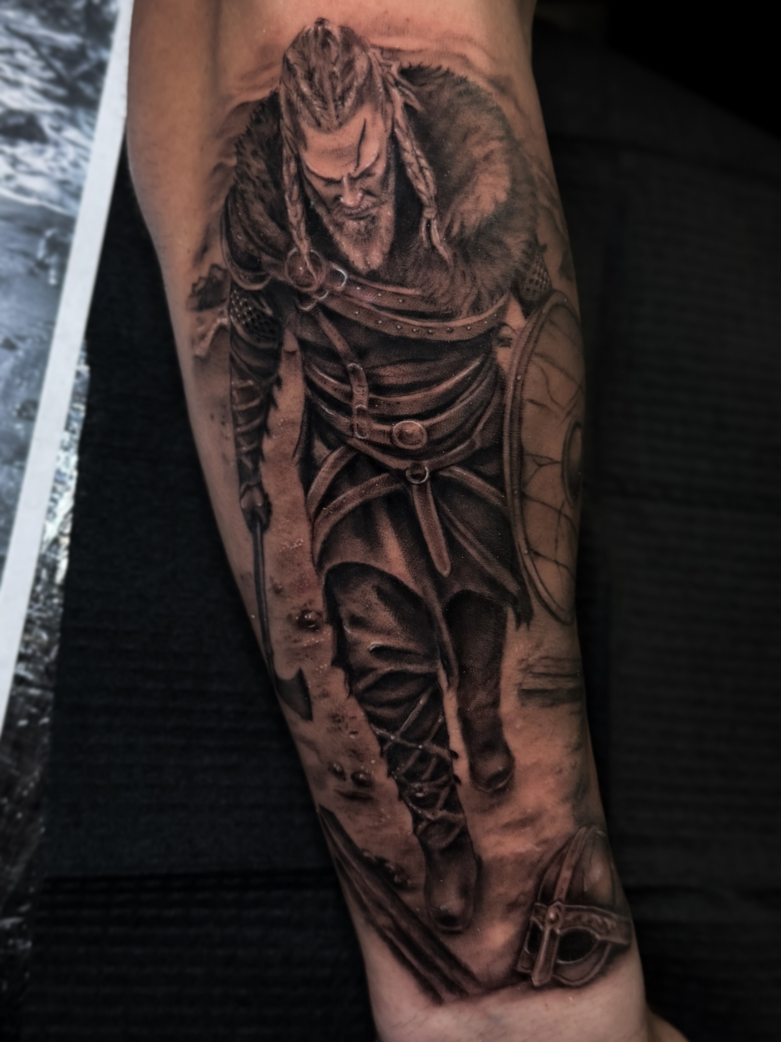 Viking warrior realism tattoo on the forearm by Cristen Aro