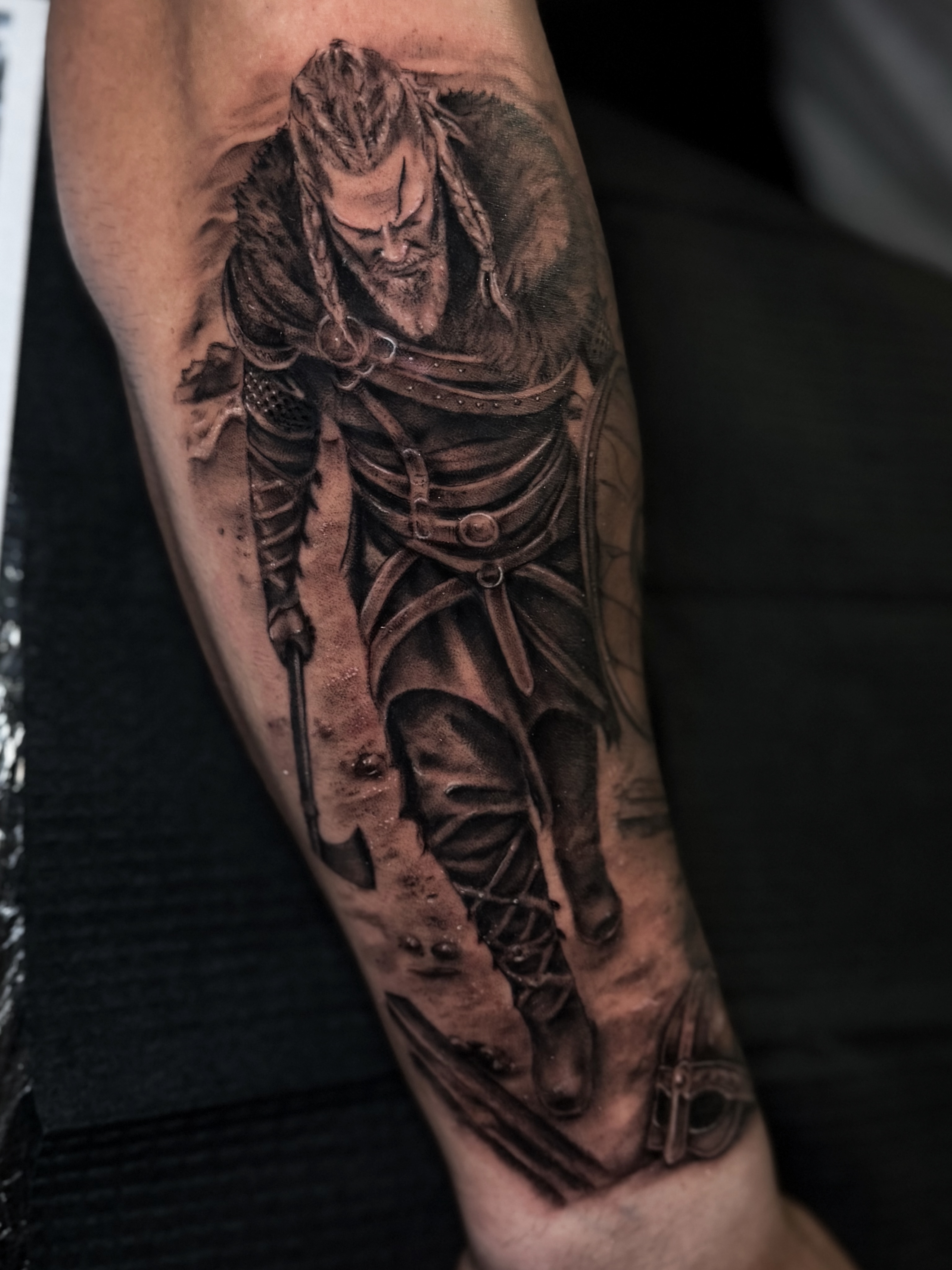 Viking warrior realism tattoo on the forearm by Cristen Aro