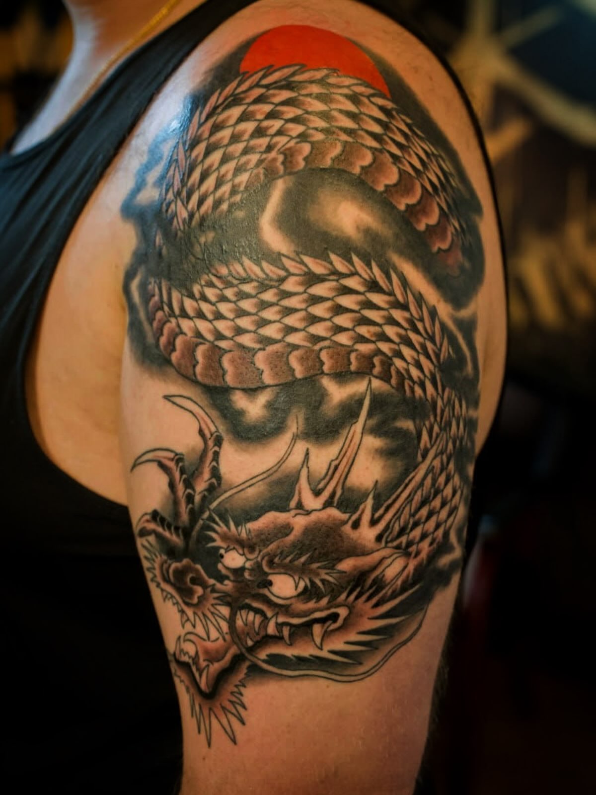 Dragon japanese irezumi tattoo on the shoulder by Tyler Whalen