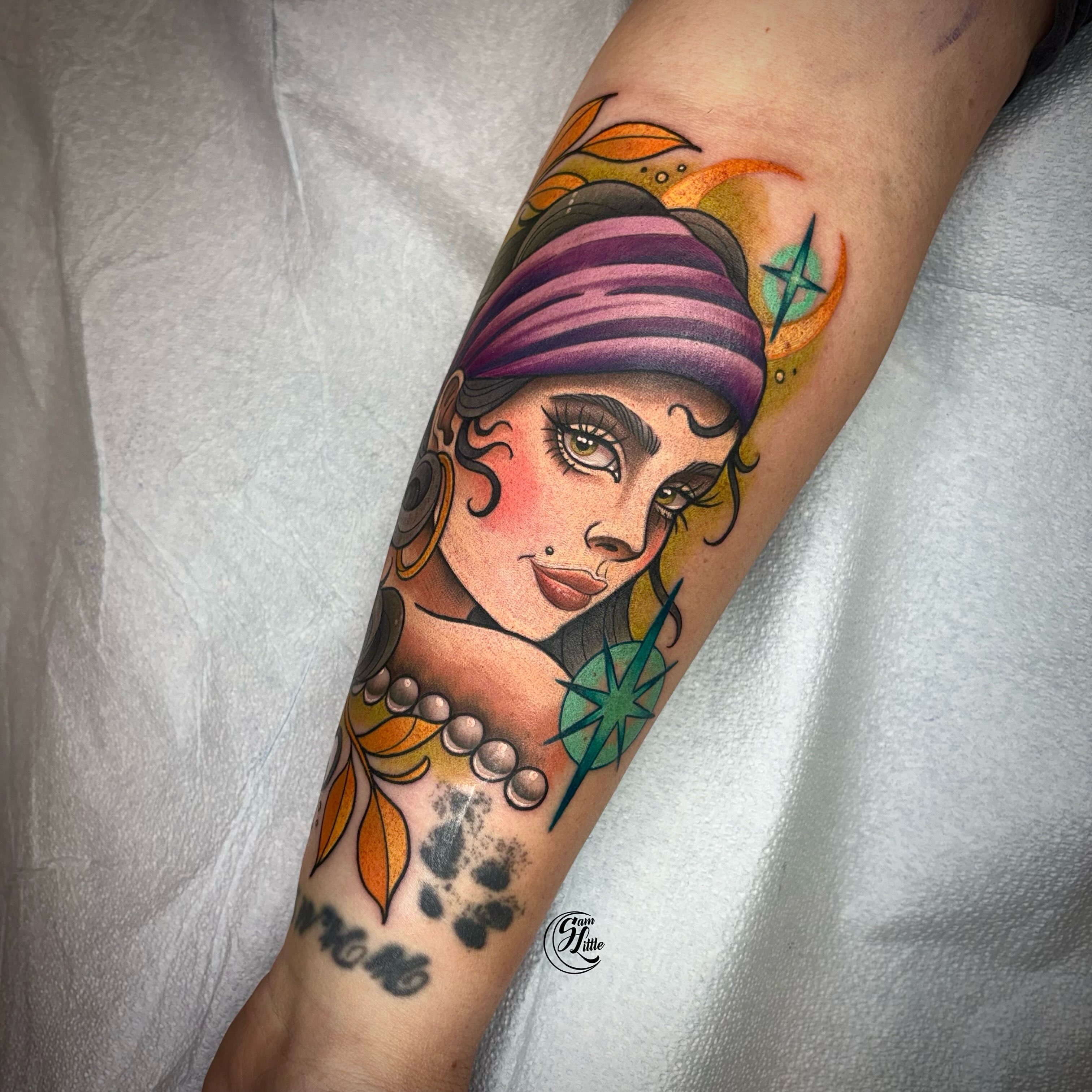 Woman with turban American traditional tattoo on the forearm by 𝓢𝓪𝓶 𝓛𝓲𝓽𝓽𝓵𝓮
