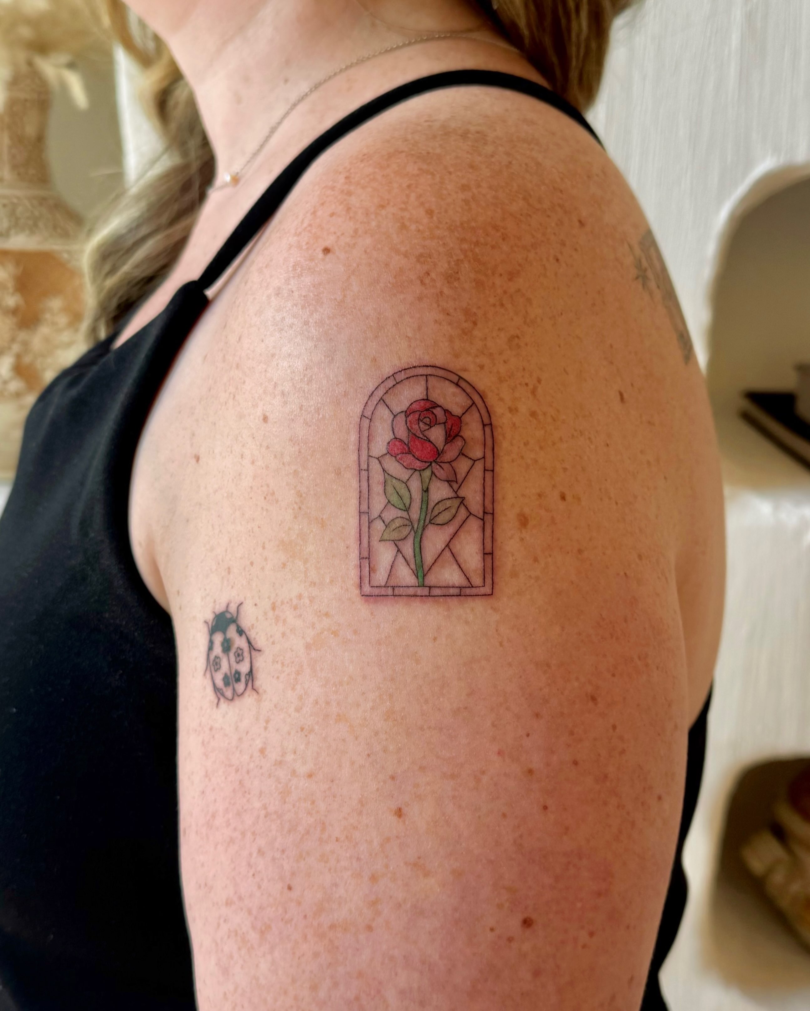 Stained glass window realism tattoo on the shoulder by Shilo Gold 🍒