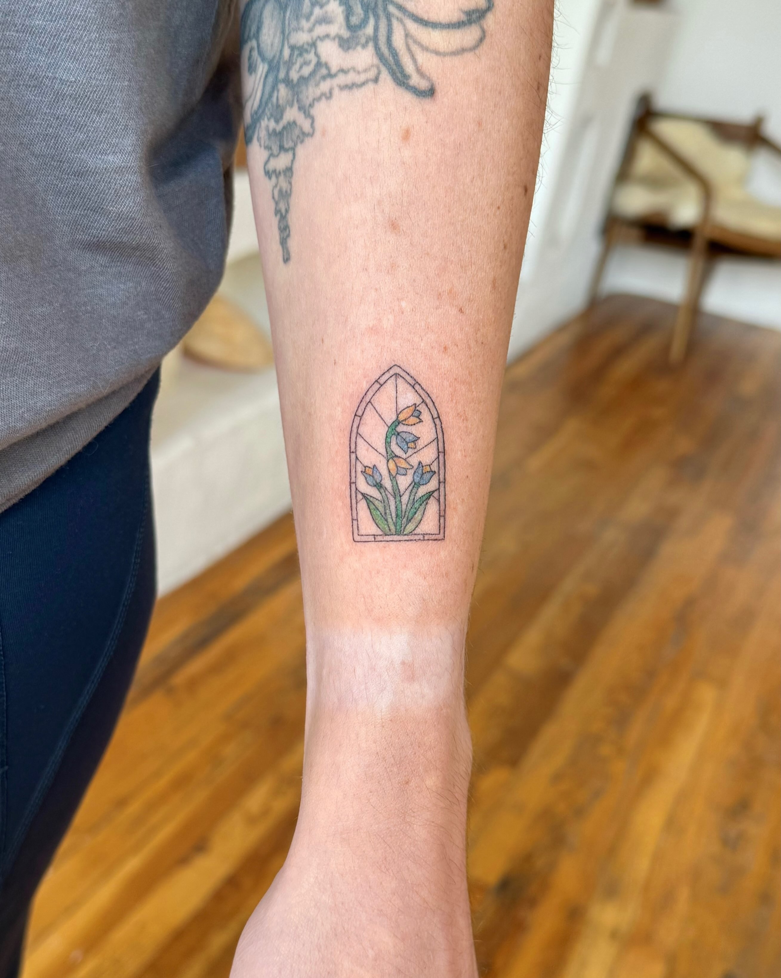 Stained glass window geometric tattoo on the forearm by Shilo Gold 🍒