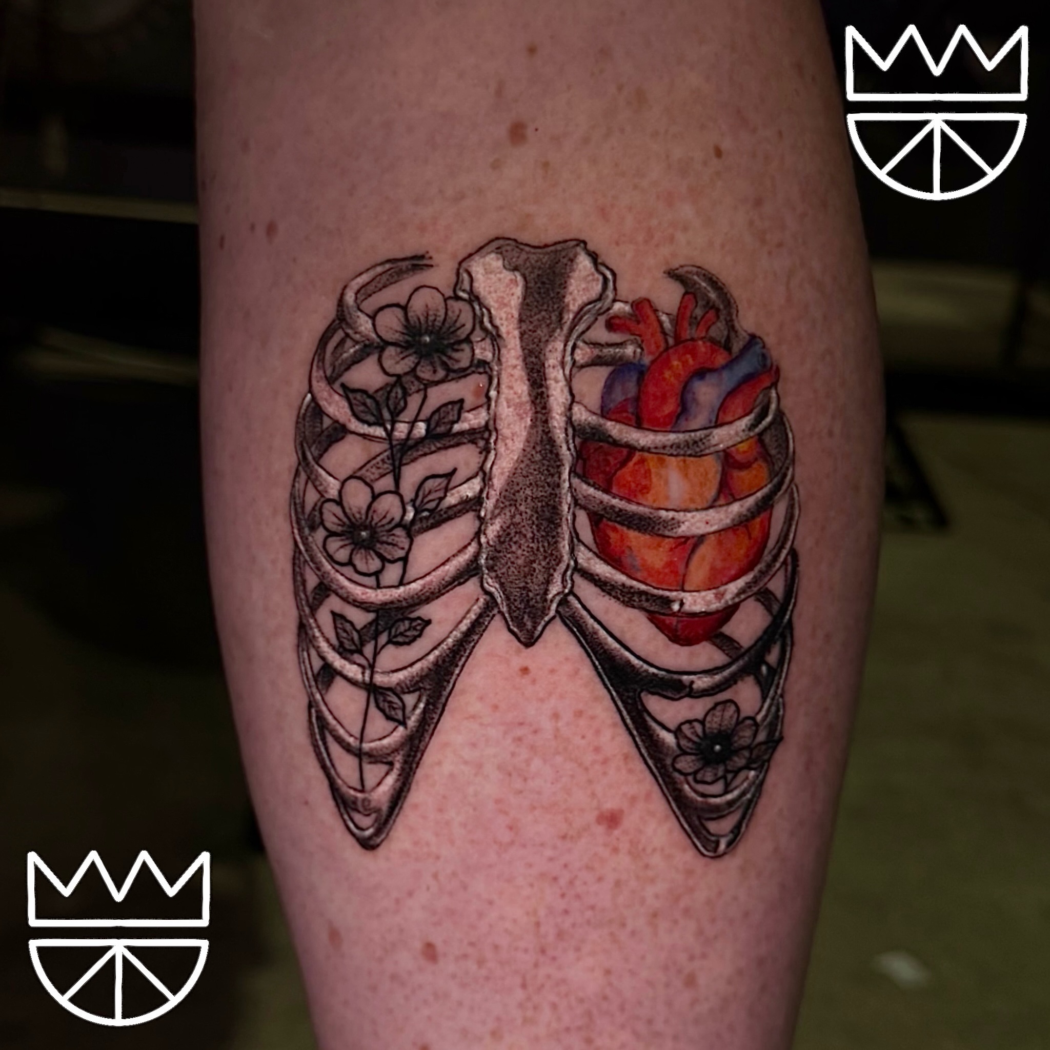 Heart and ribcage realism tattoo on the thigh by Prncjordn, Stallings, North Carolina