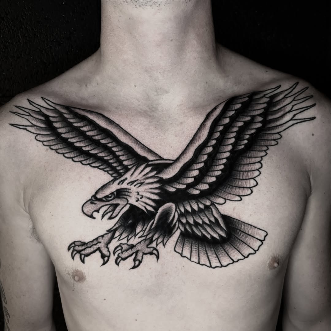Eagle black and grey tattoo on the chest by π³πππ πΆπππππ