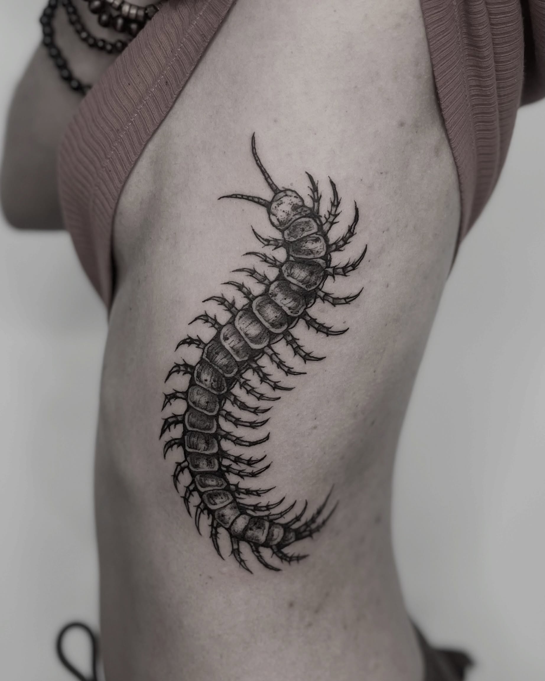 Centipede black and grey tattoo on the thigh by Tattoo Artist, Philadelphia, Pennsylvania