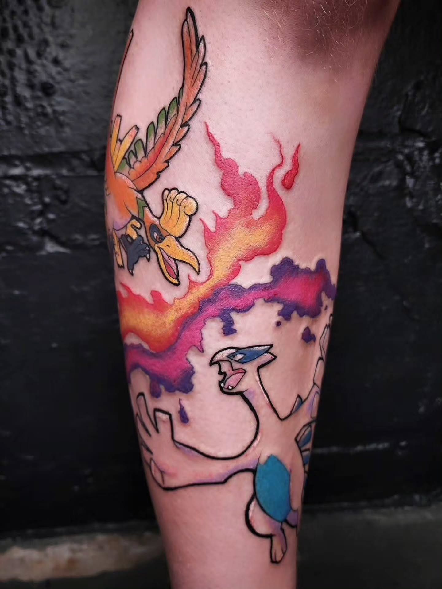 Charizard and pidgeot dotwork tattoo on the forearm by julian