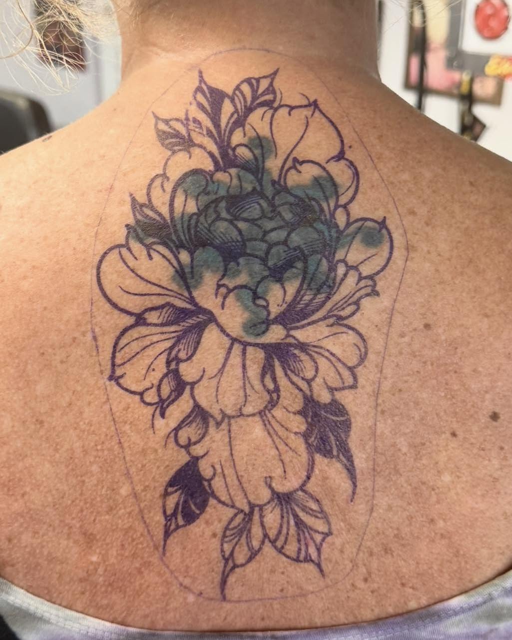 Peony black and grey tattoo on the back by Bryon Smith