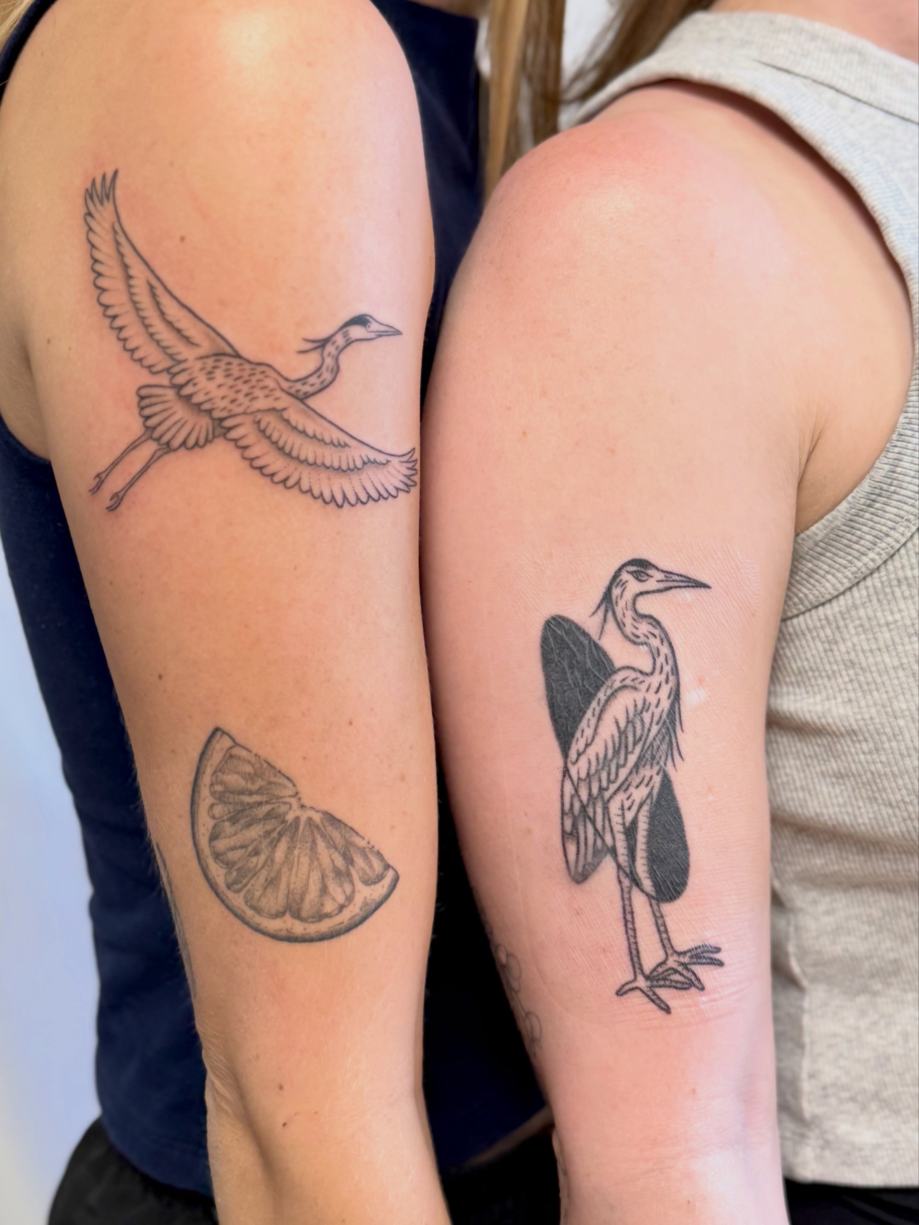 Bird and lemon slice black and grey tattoo on the upper arm by Melia Mariko