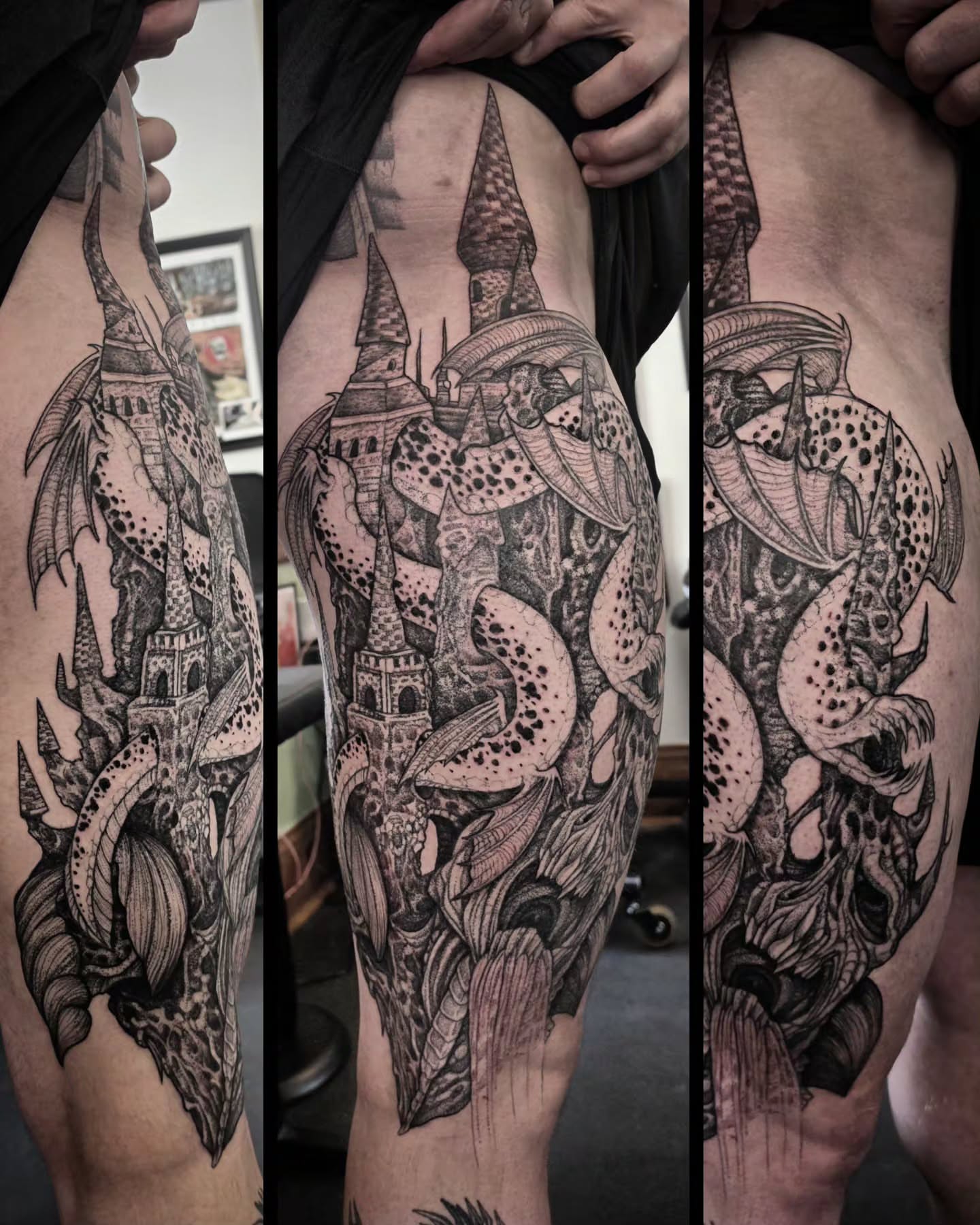Fantasy castle dotwork tattoo on the thigh by brockton a f 💀
