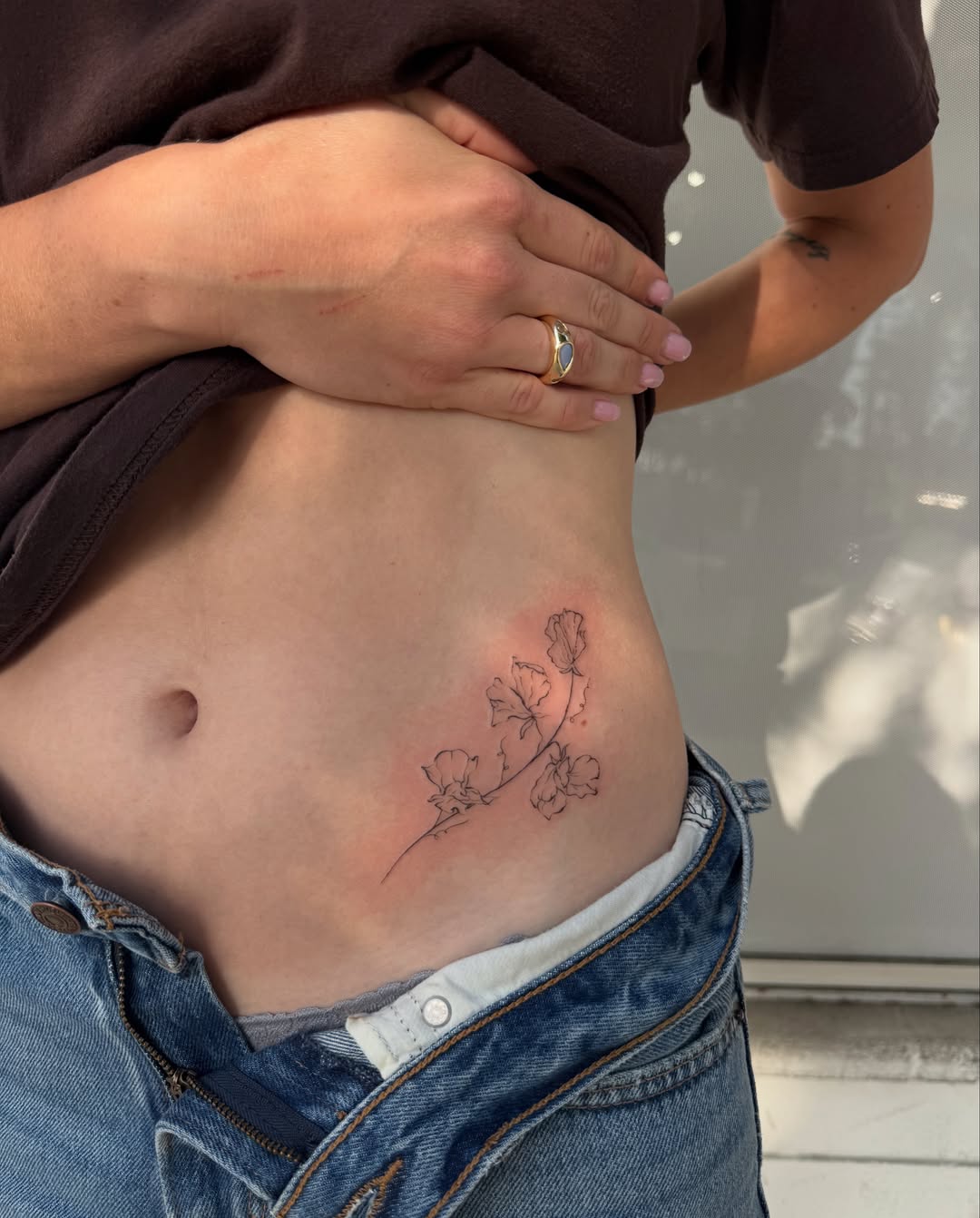 Flower fine line tattoo on the torso by : *✧･ﾟ:* camryn  *:･ﾟ✧:
