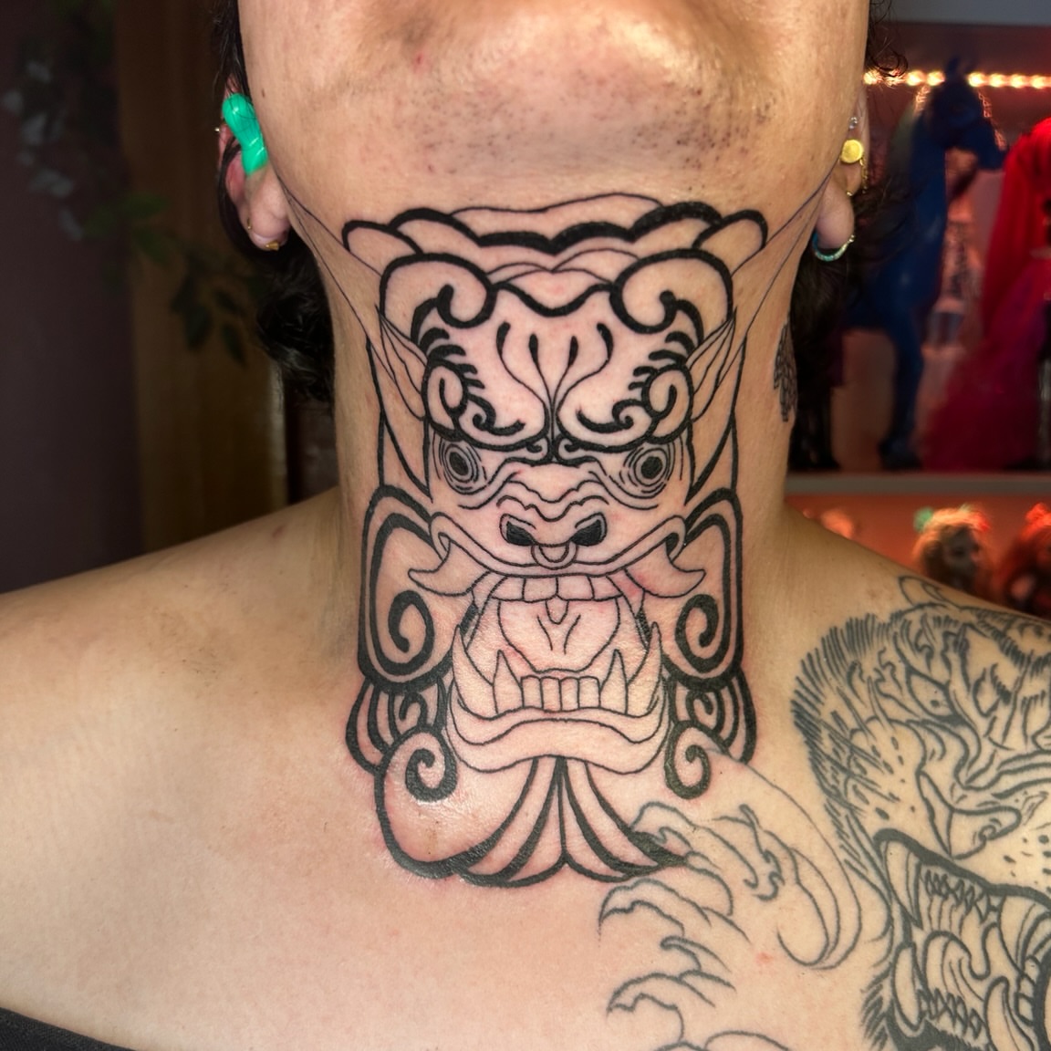 Mask japanese irezumi tattoo on the neck by Alicen