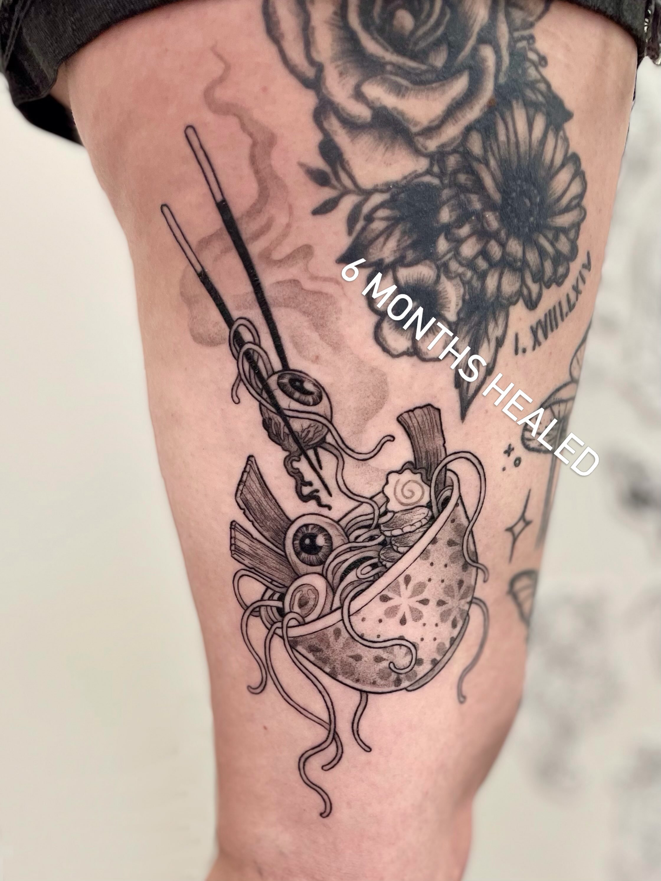Ramen bowl realism tattoo on the thigh by Destiny Illustration