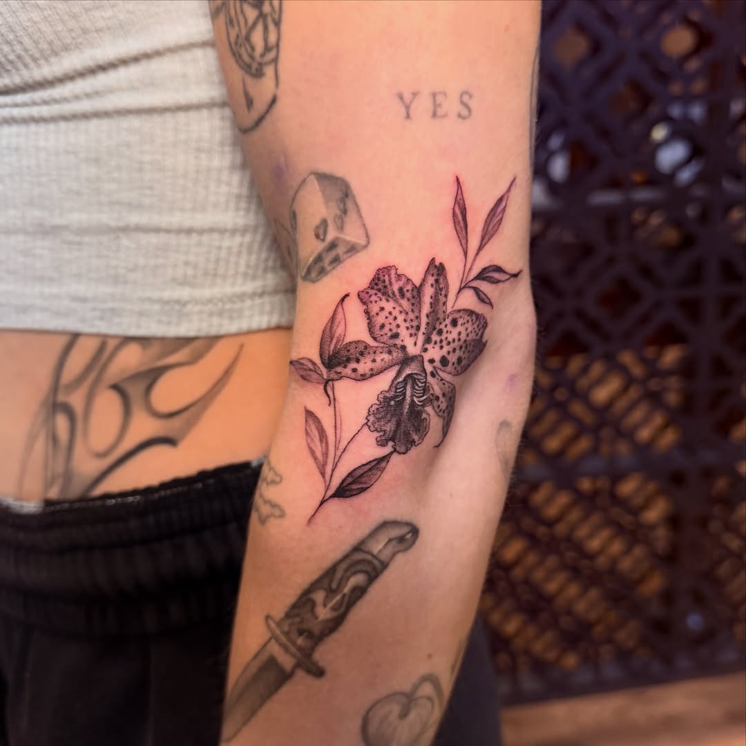 Orchid dotwork tattoo on the forearm by Zachary Hayden