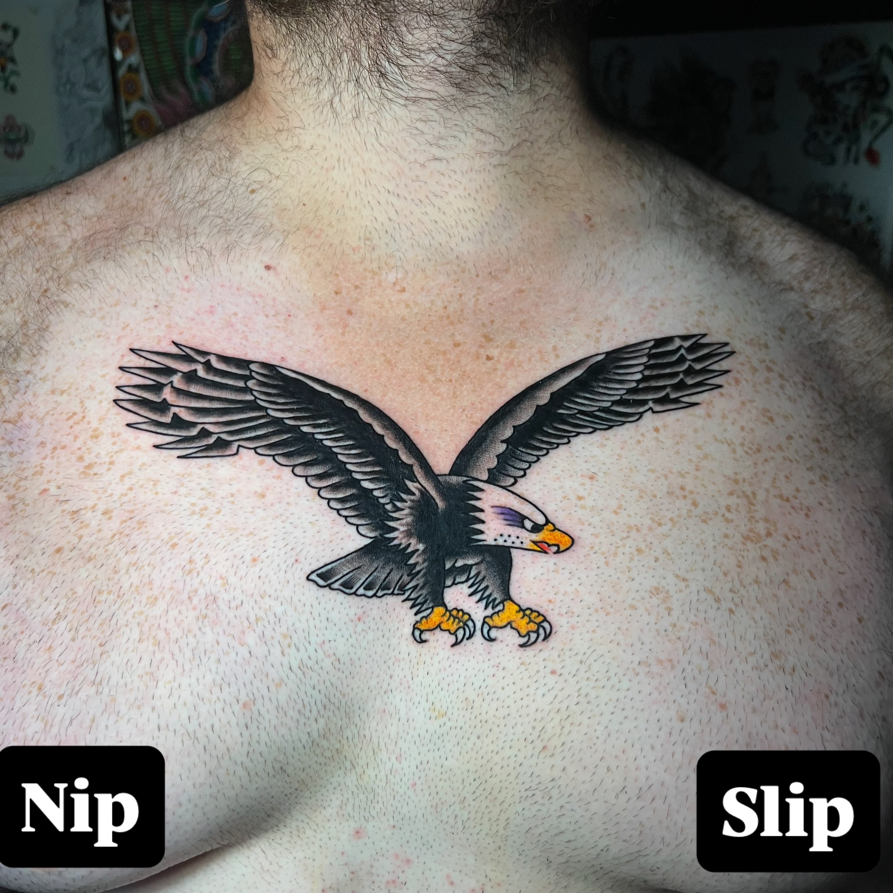 Eagle American traditional tattoo on the chest by Charlie Campanella