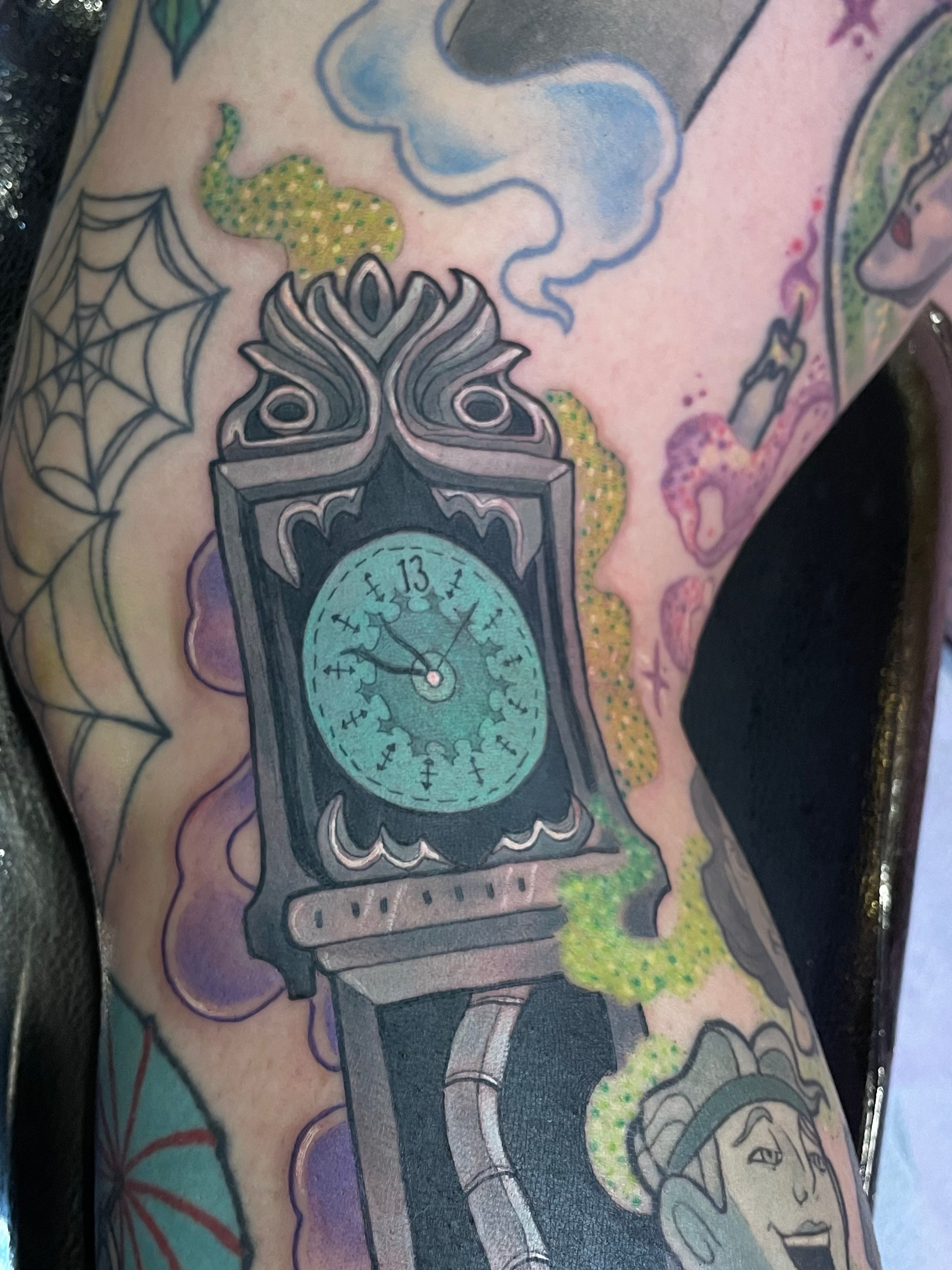 Grandfather clock American traditional tattoo on the forearm by Tanya Murski