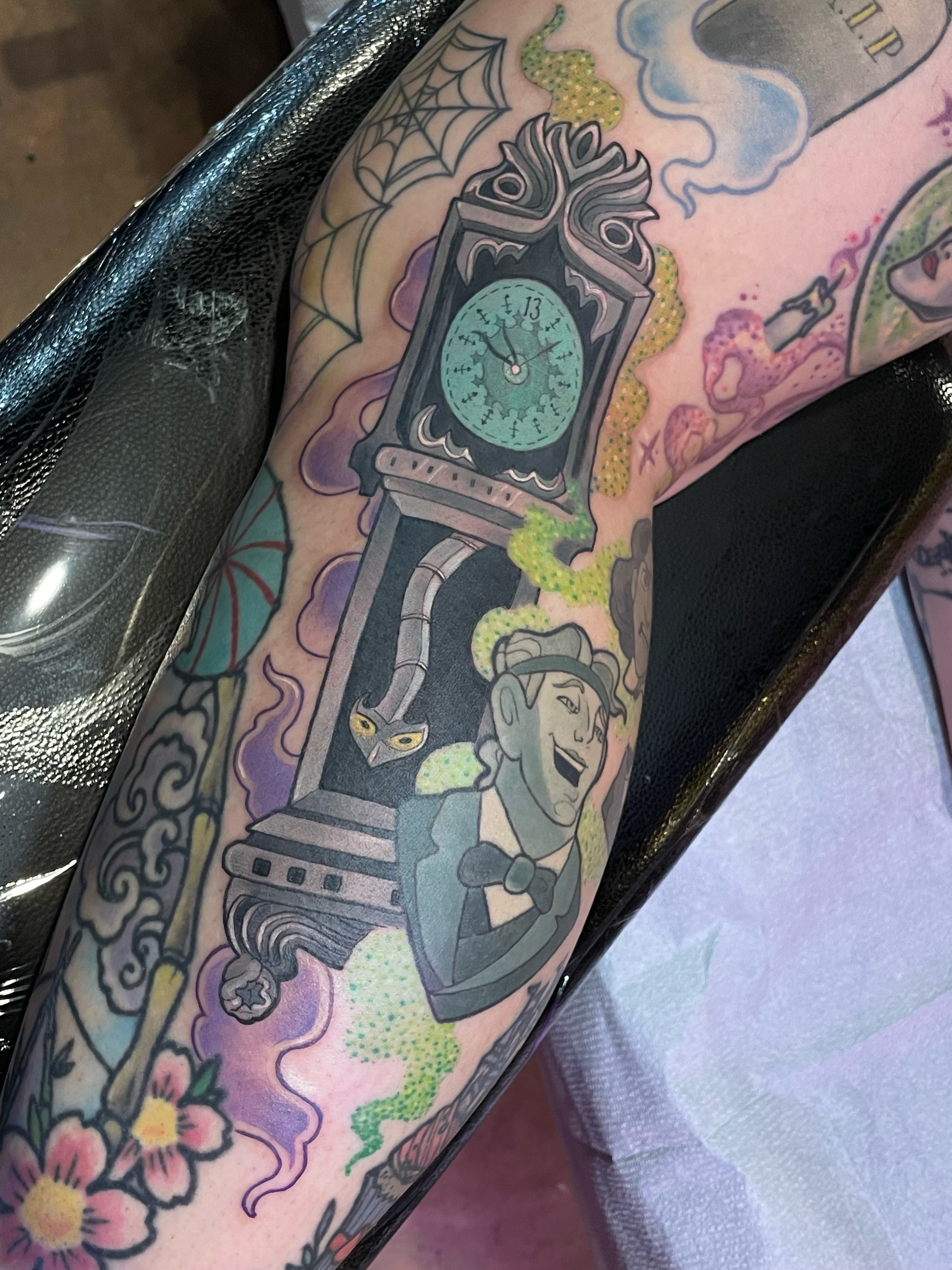 Clock tower and gargoyle American traditional tattoo on the forearm by Tanya Murski