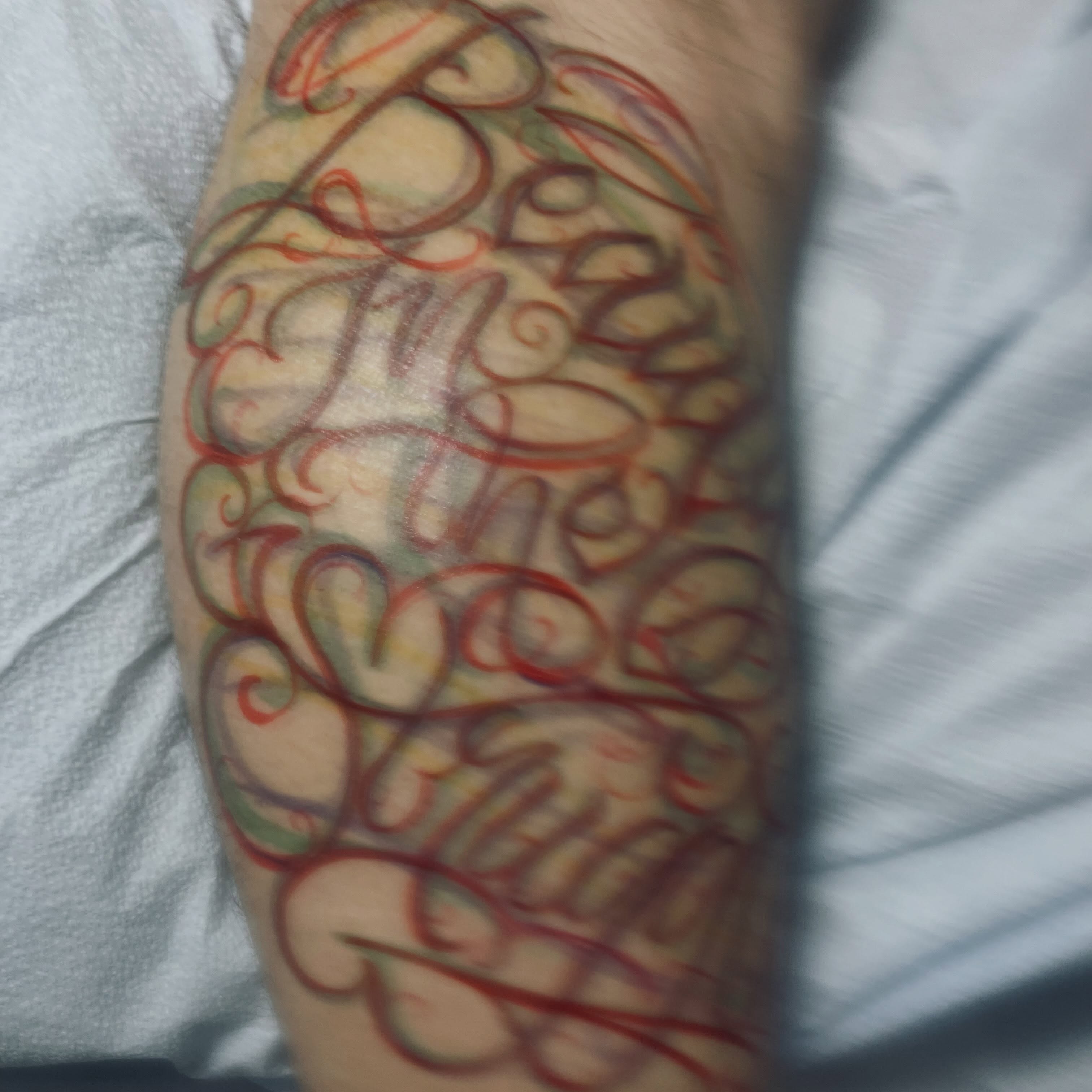 Script lettering lettering script tattoo on the forearm by Christien Xavier Alba, Salt Lake City, Utah