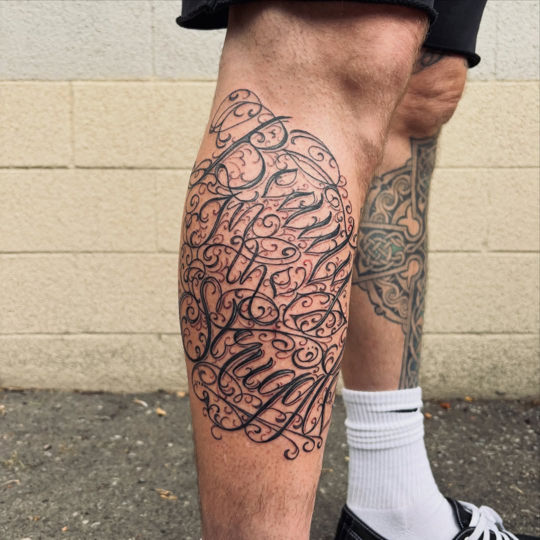 Script lettering lettering script tattoo on the calf by Christien Xavier Alba, Salt Lake City, Utah