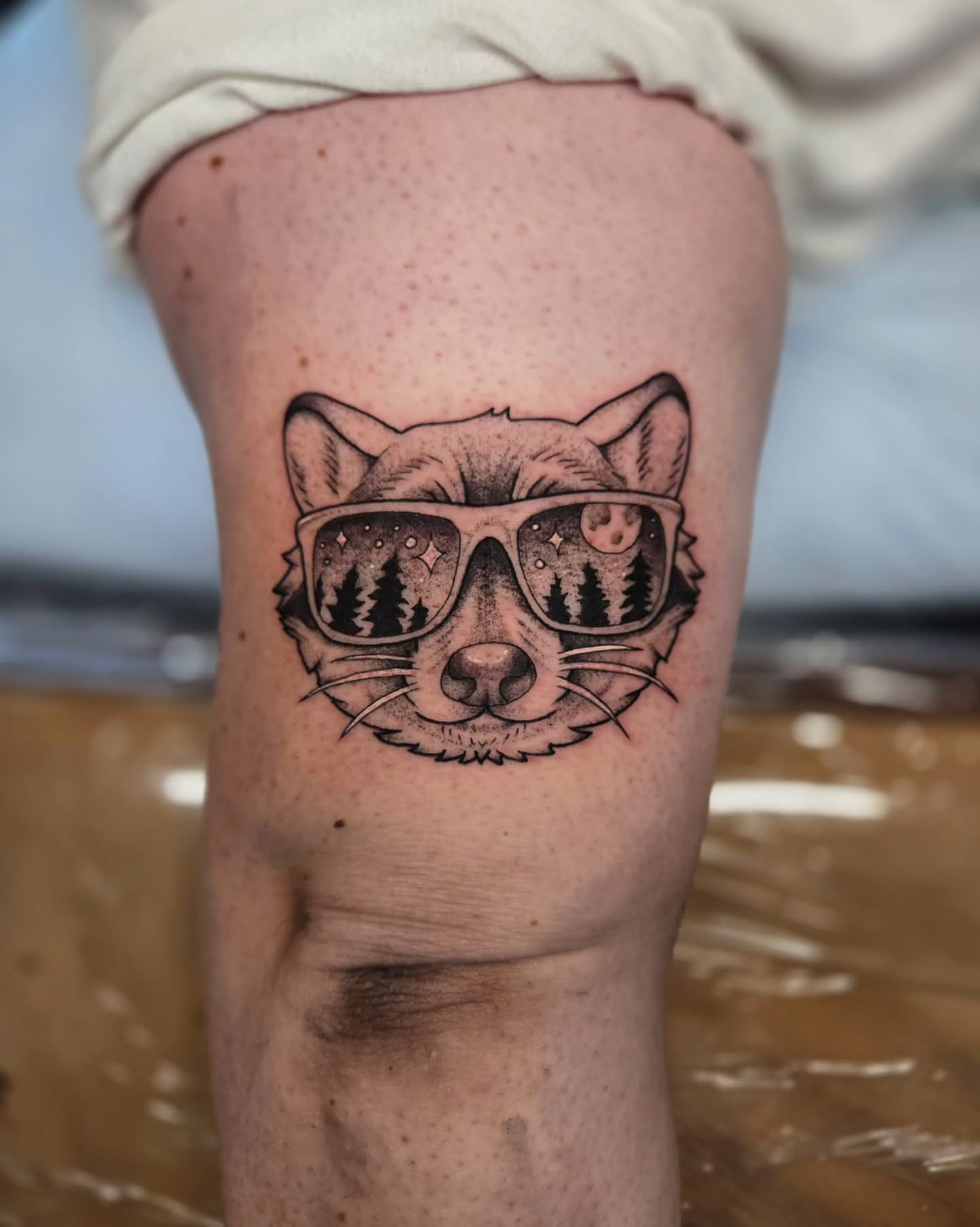 Cat wearing sunglasses dotwork tattoo on the thigh by jo(rdan)