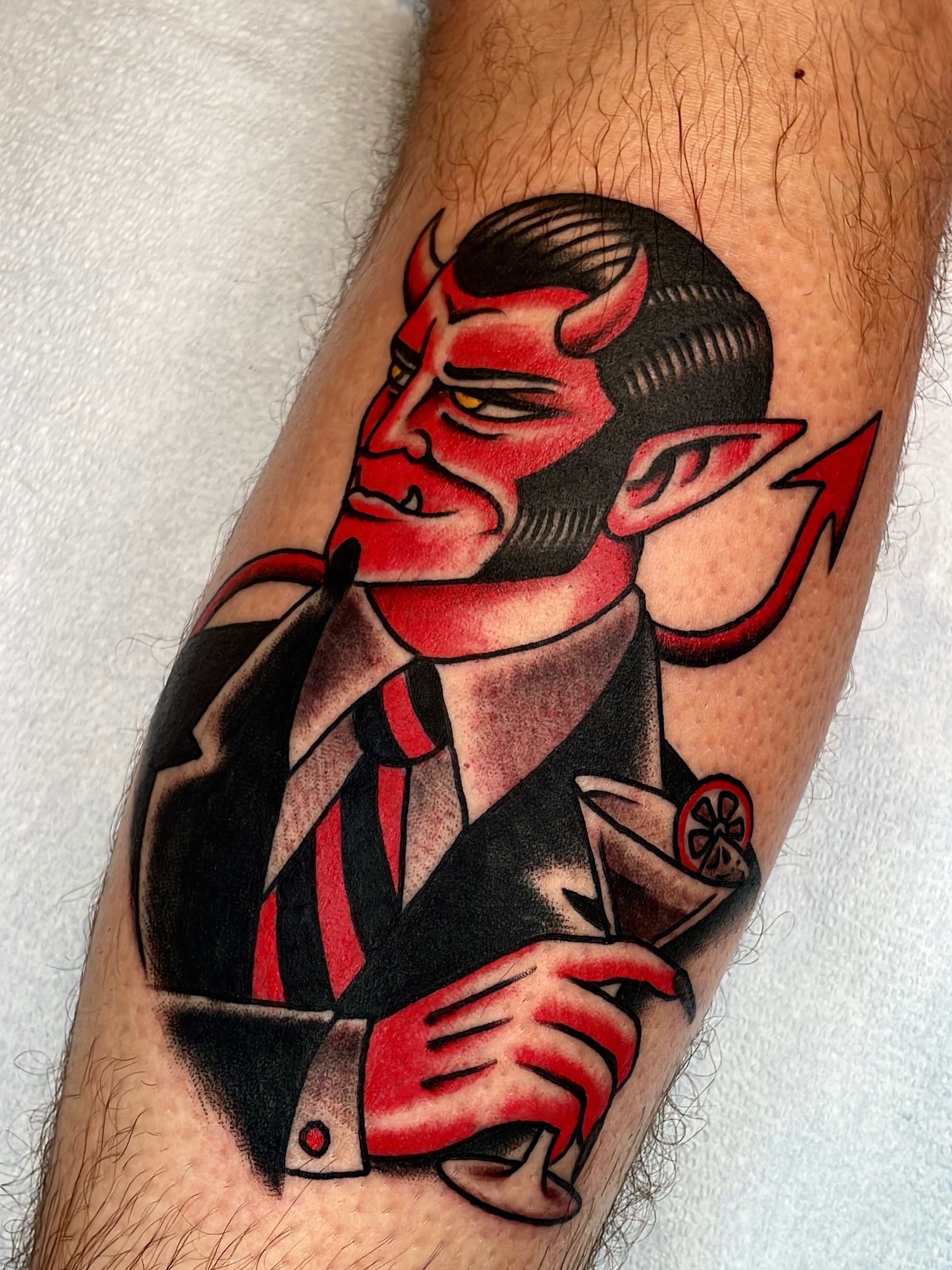 Devil American traditional tattoo on the forearm by Max Klapp, Austin, Texas