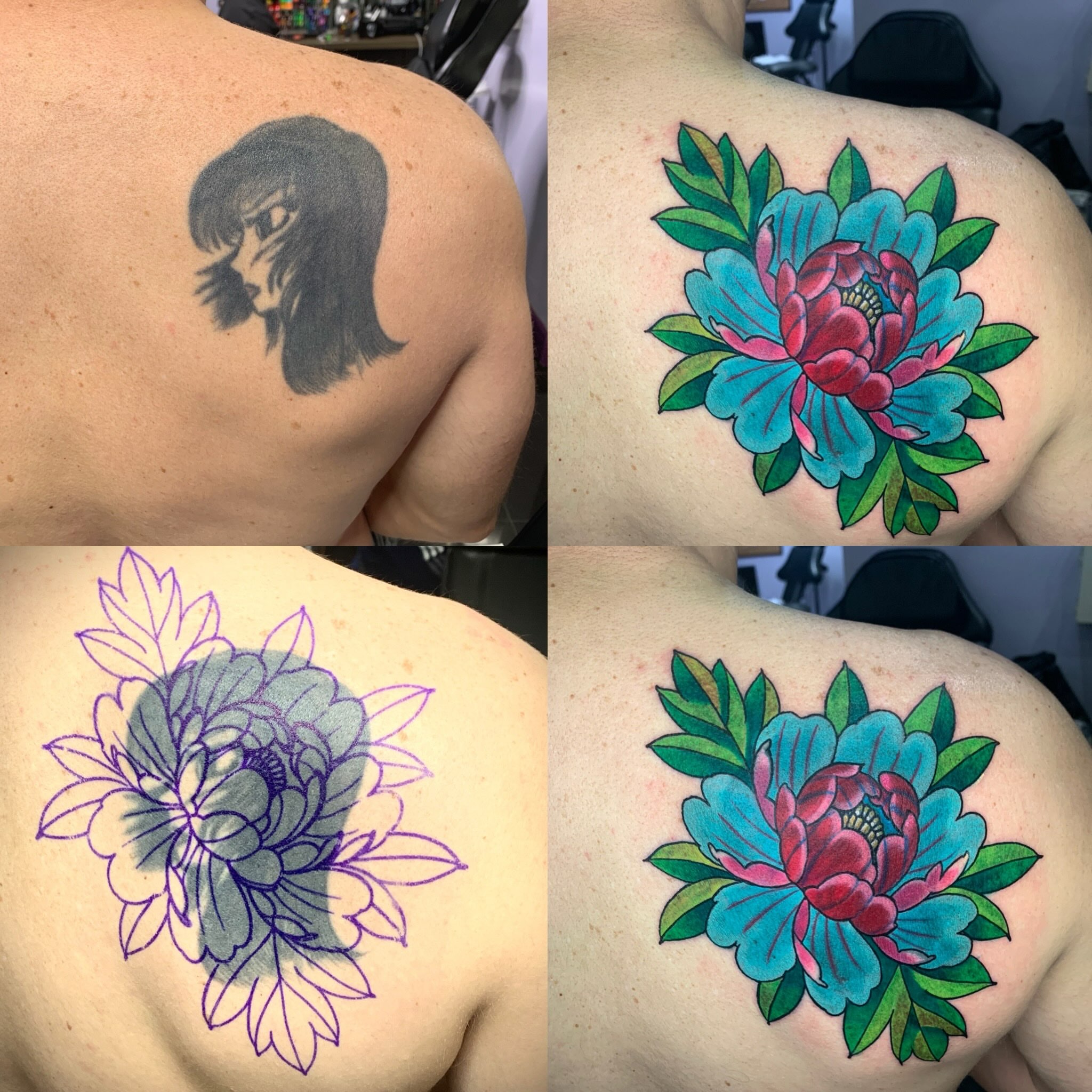Peony new school tattoo on the shoulder by El Kapitan