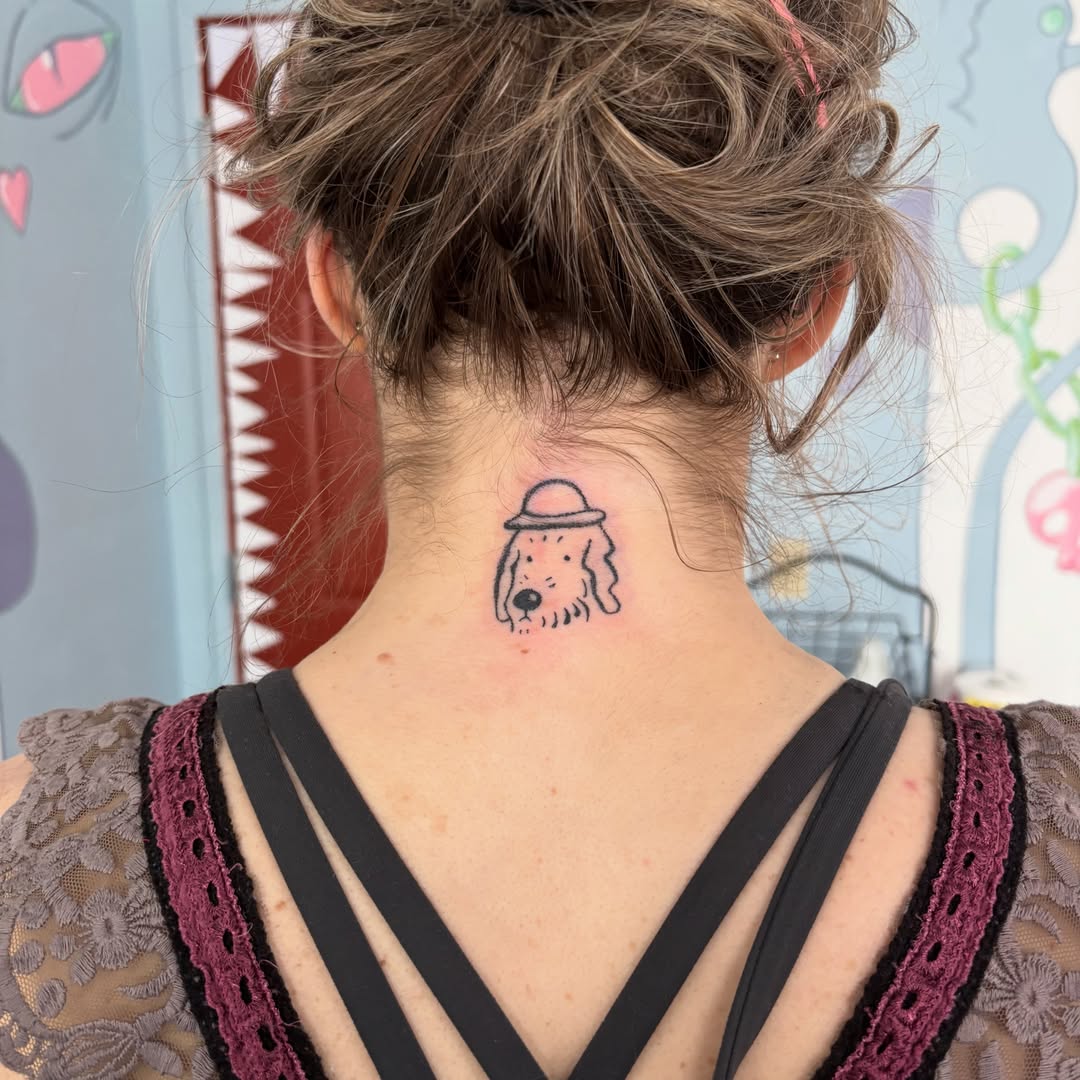Dog wearing hat realism tattoo on the neck by ☠️mikauley☠️