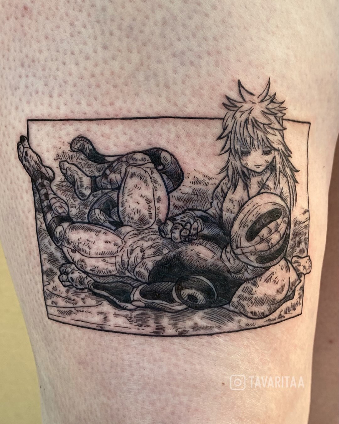 Anime characters anime tattoo on the thigh by Tavarita