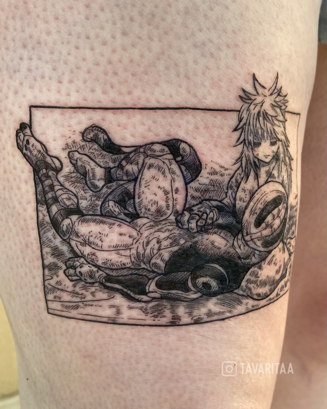 Anime character black and grey tattoo on the thigh by Tavarita