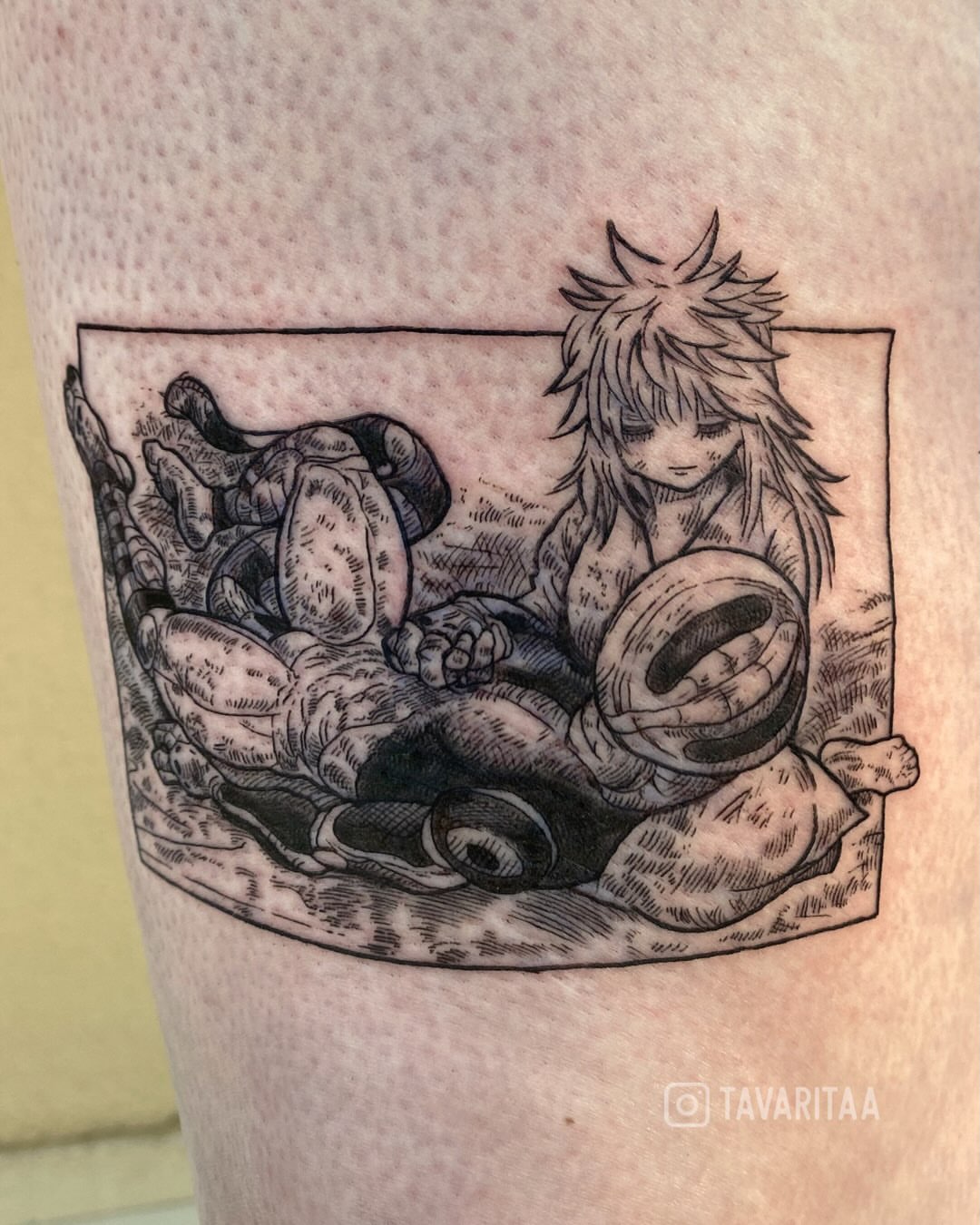Child and adult black and grey tattoo on the forearm by Tavarita